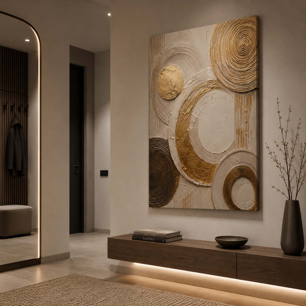 Canvas: Ivory canvas print faux gold texture wall art gallery wrap, abstract circular plaster-effect design for modern home décor