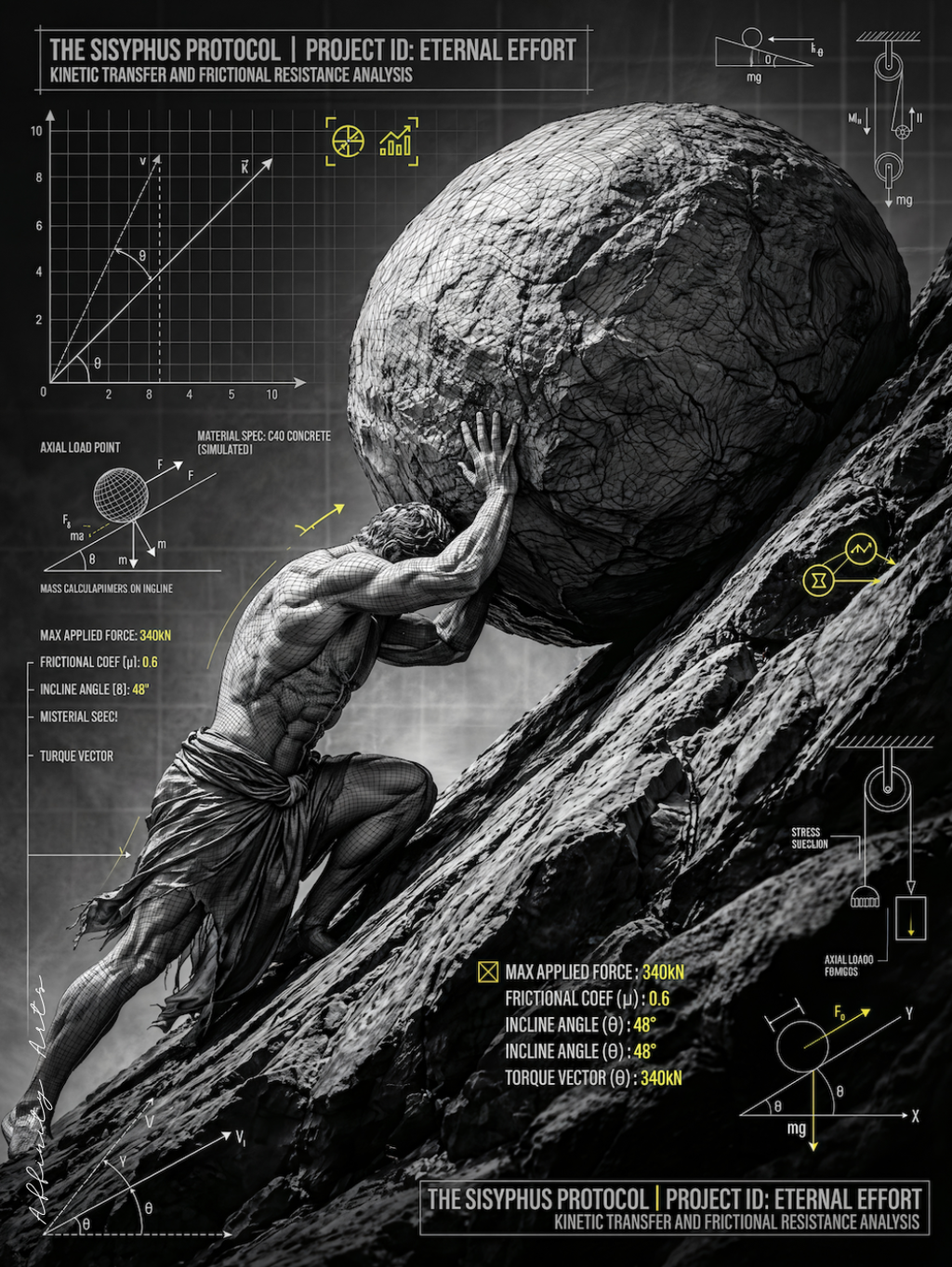 Mythology wall art print — Sisyphus blueprint poster, dark academia decor, black white, 18x24 24x36 30x40, premium matte, archival ink