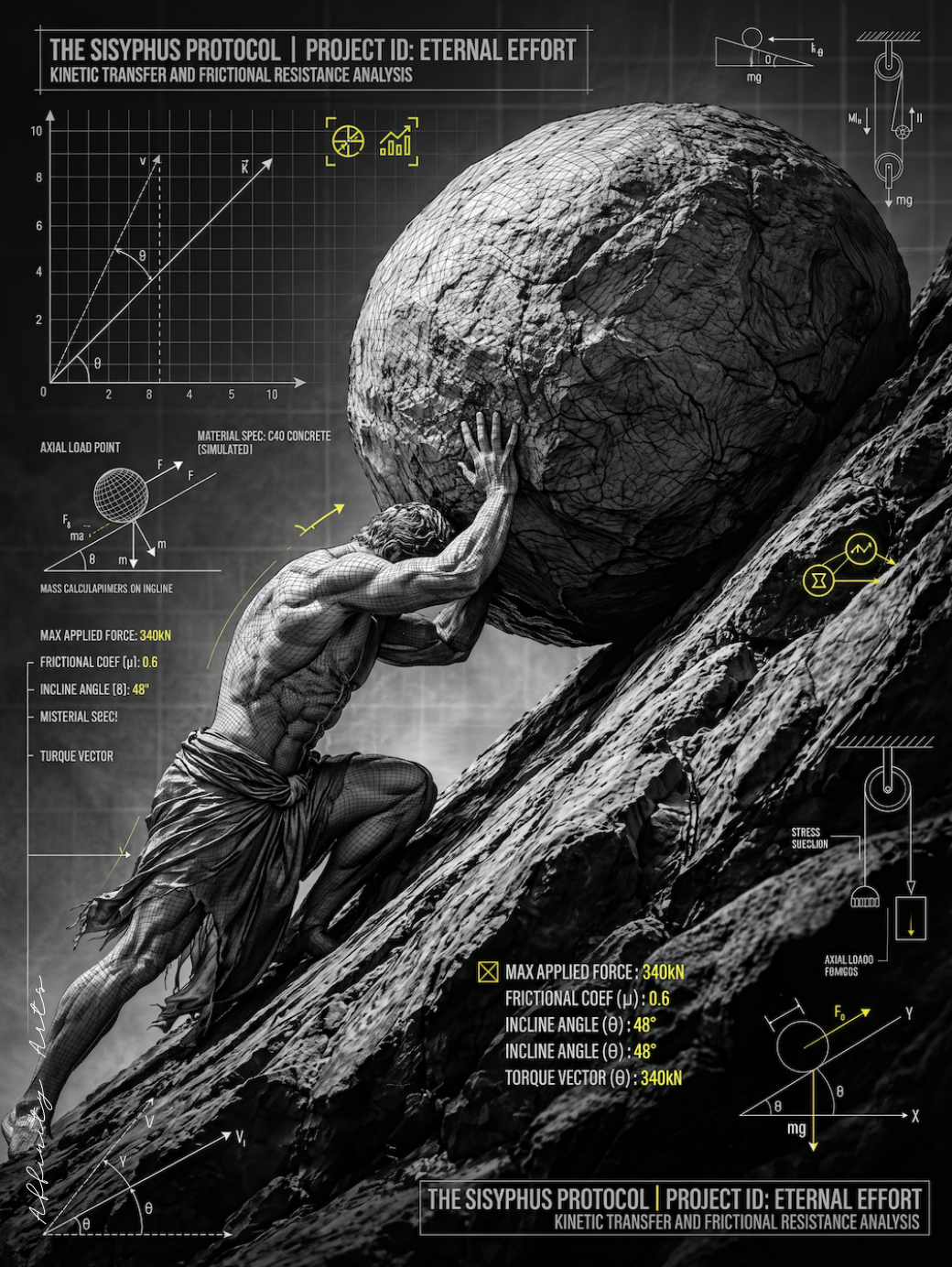 Mythology wall art print — Sisyphus blueprint poster, dark academia decor, black white, 18x24 24x36 30x40, premium matte, archival ink