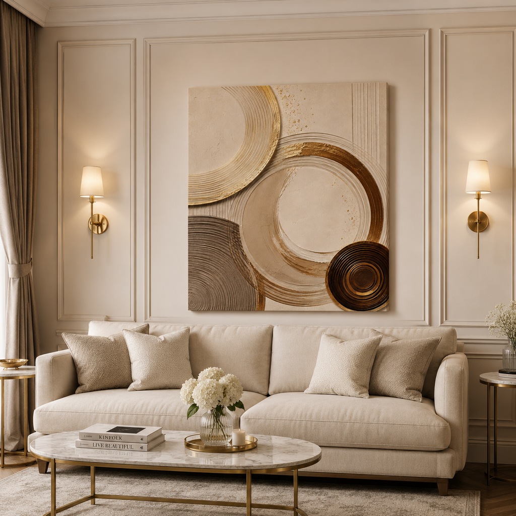 Gold circle canvas print — elegant neutral tone home decor