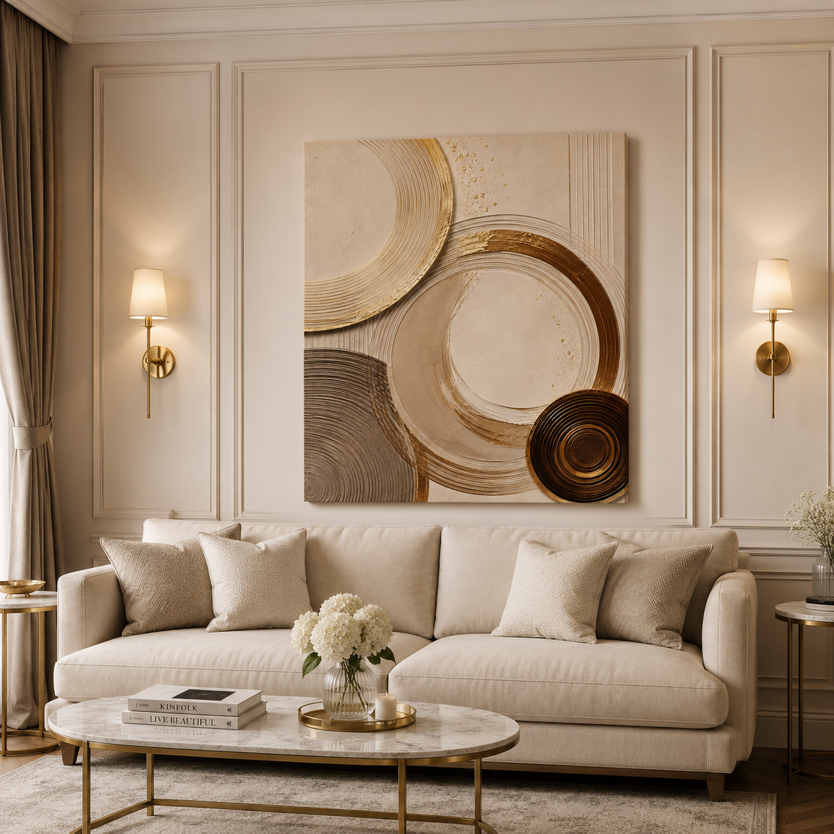Gold circle canvas print — elegant neutral tone home decor