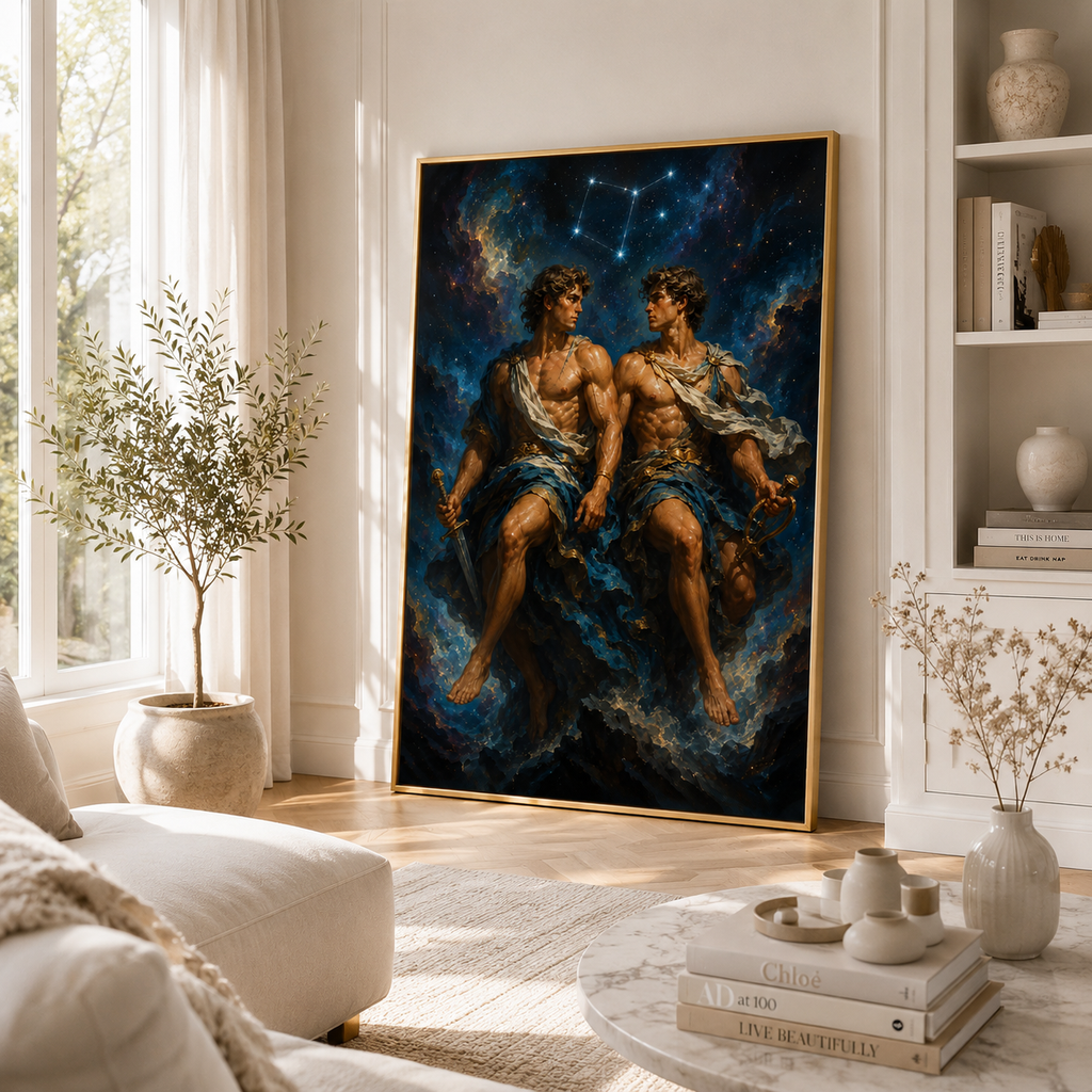 Zodiac wall art print showing the Gemini constellation and celestial twins