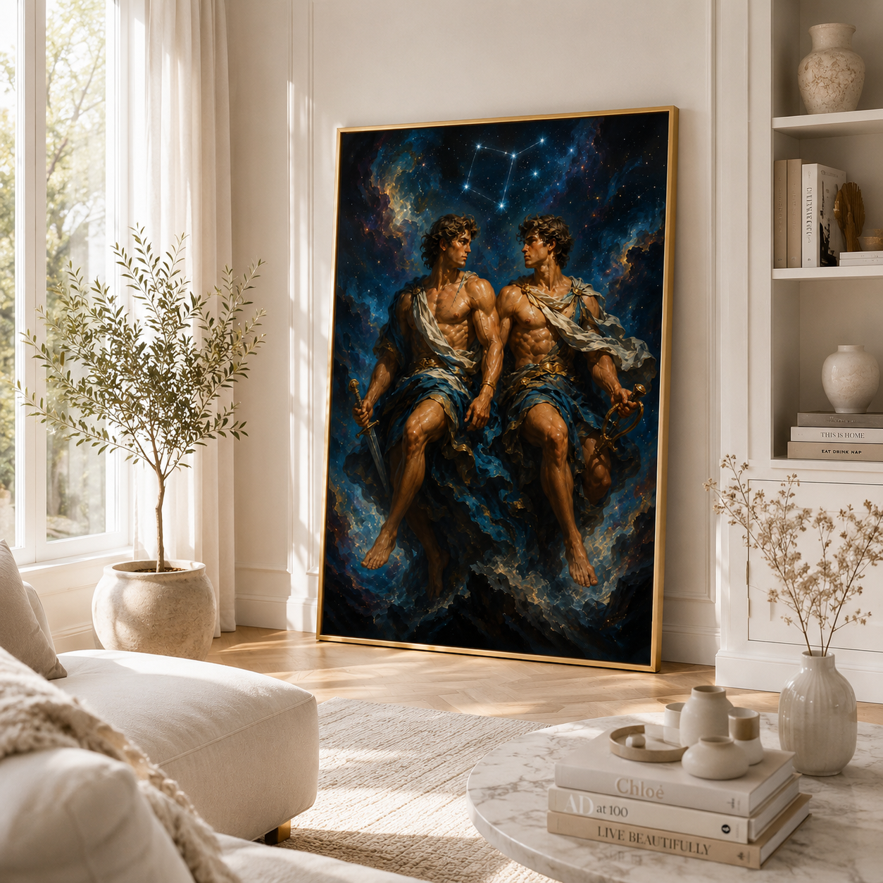 Zodiac wall art print showing the Gemini constellation and celestial twins