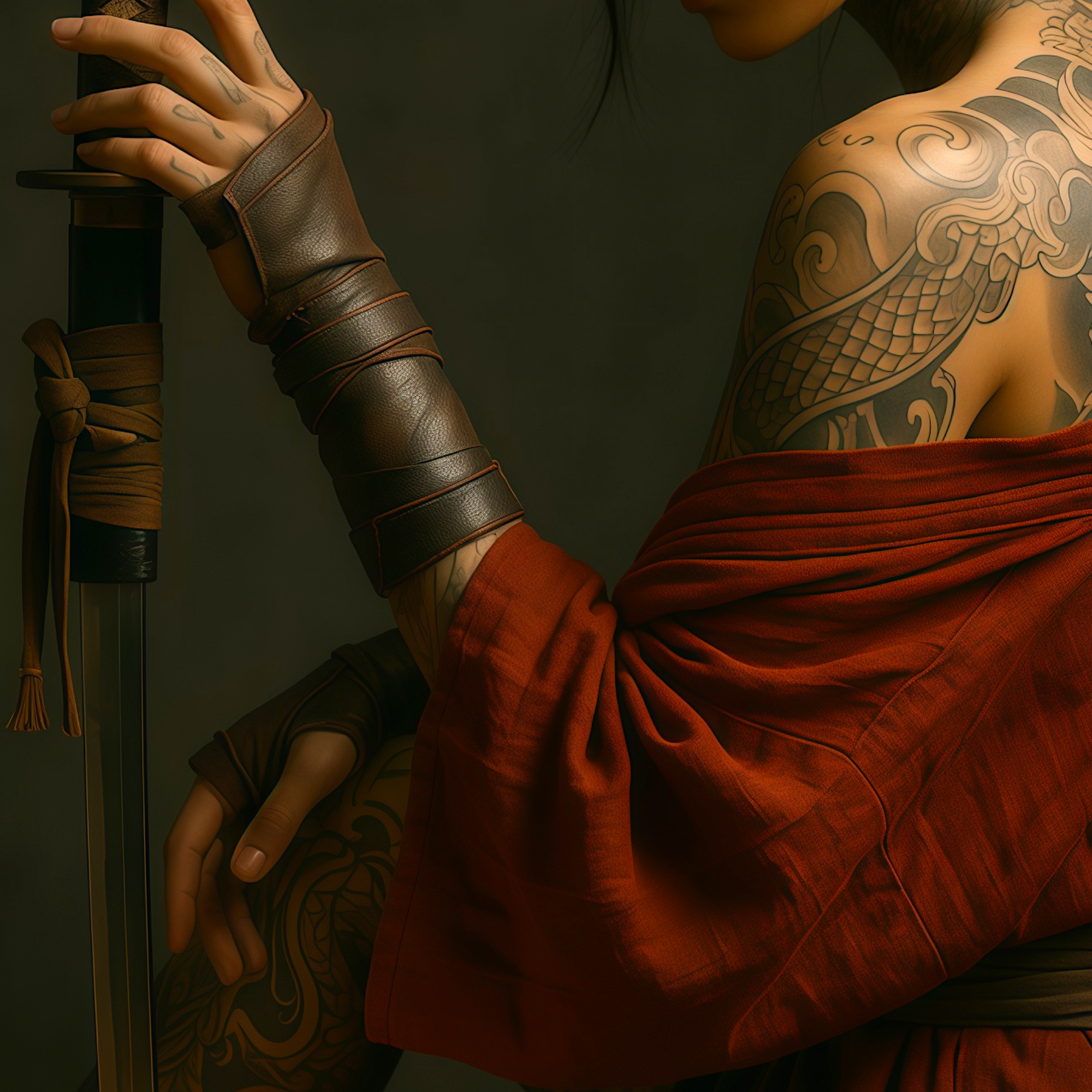 Warrior woman art detail — hand on katana guard, leather bracer, samurai art print, archival matte poster
