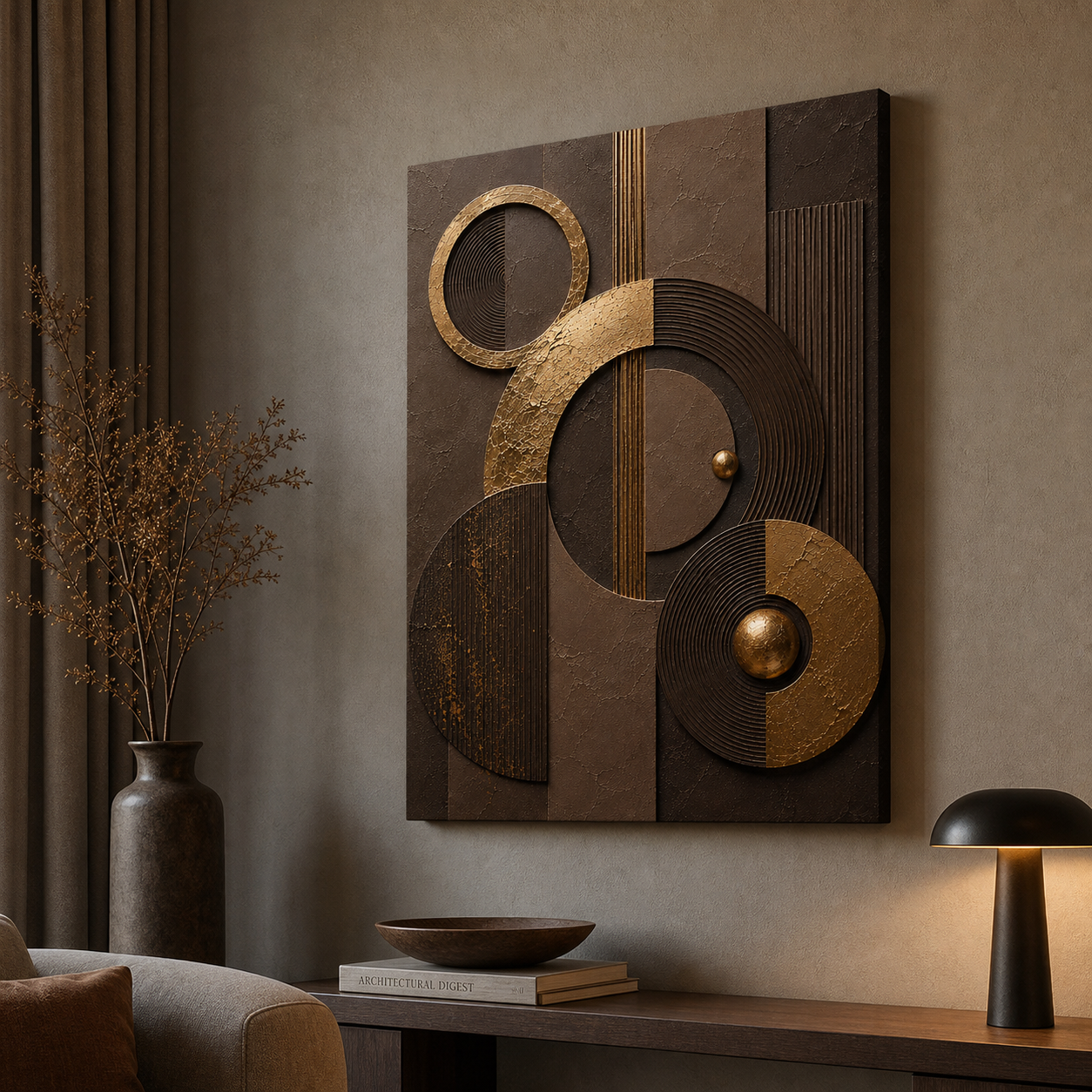 Chocolate brown canvas print faux gold texture wall art gallery wrap, moody sphere circle design for rich home décor.