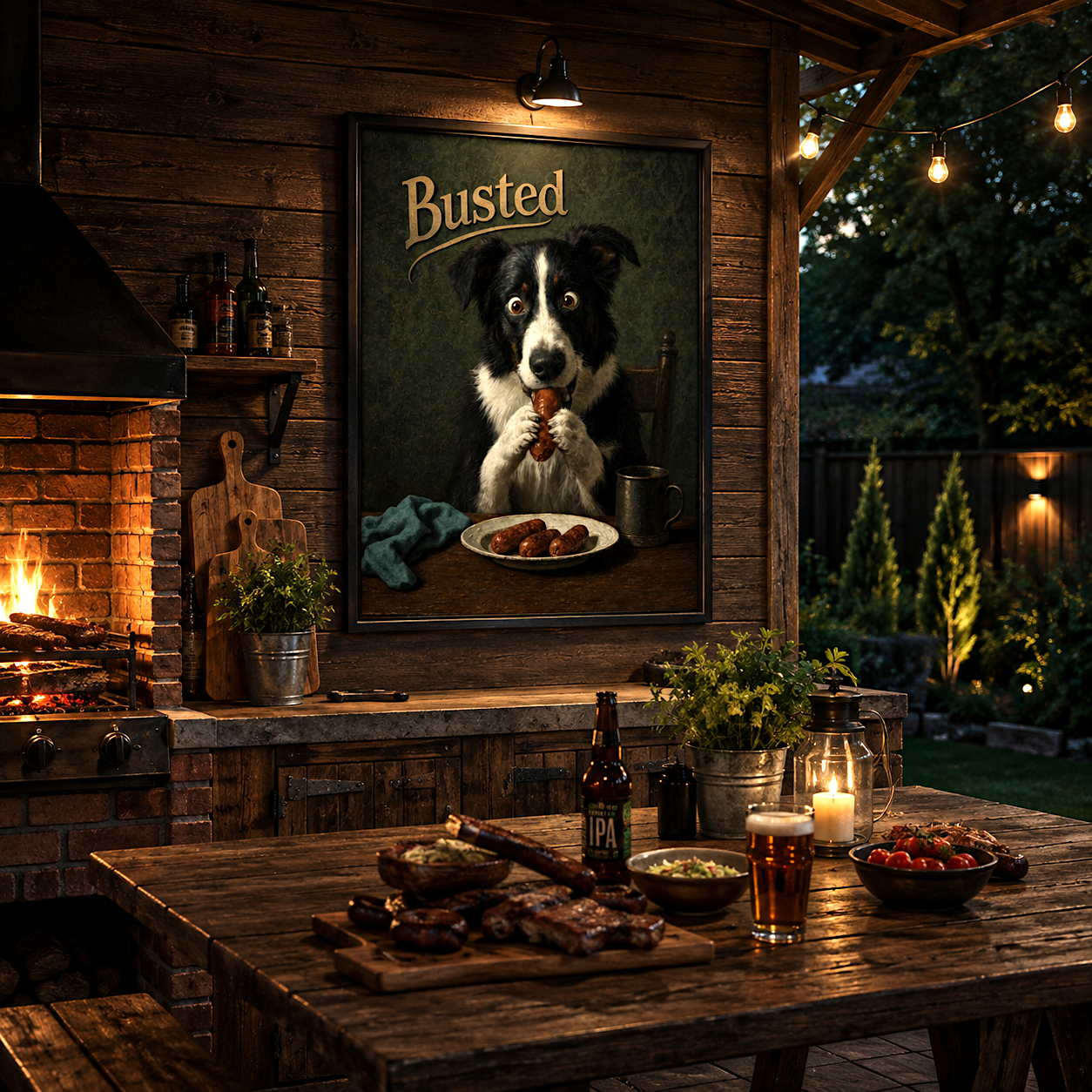 Funny dog print catching a sausage thief mid-act, dog portrait art
