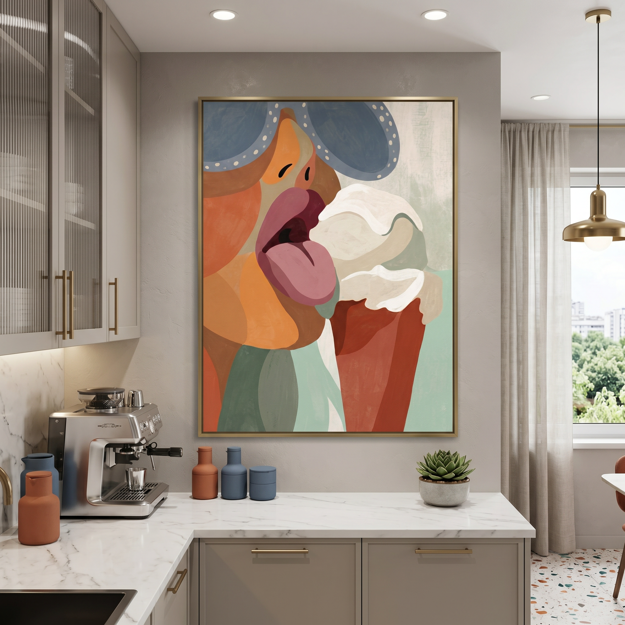 Woman licking ice cream wall art — retro flat illustration, burnt orange and sage green, full presence in one frame