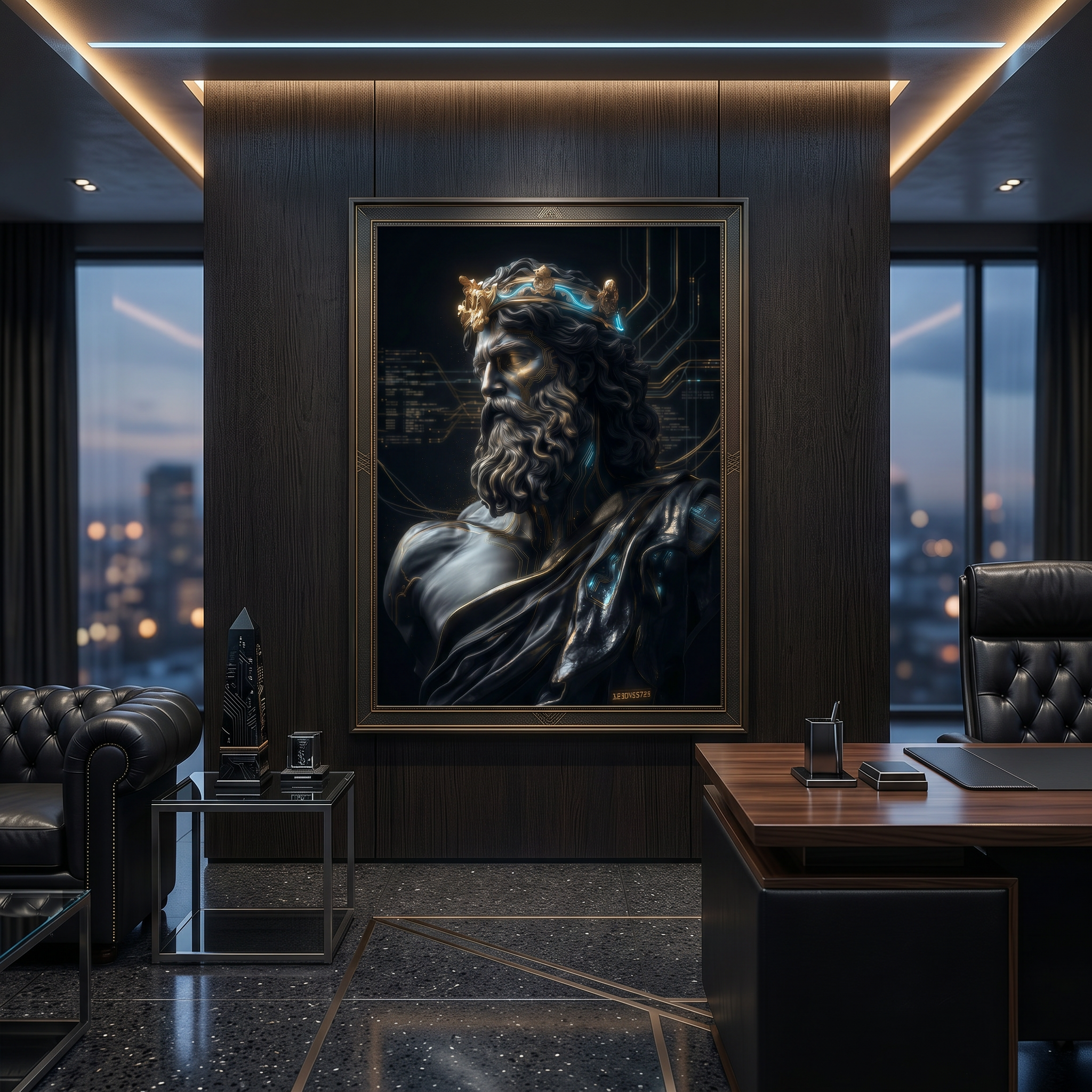 Office wall decor above desk — dark mythology art print, greek statue cyberpunk poster, moody home office setup