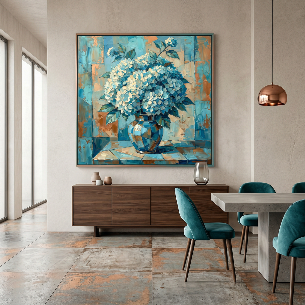 Vintage floral print dining room wall art — blue hydrangea canvas, teal botanical decor, 24x36 poster