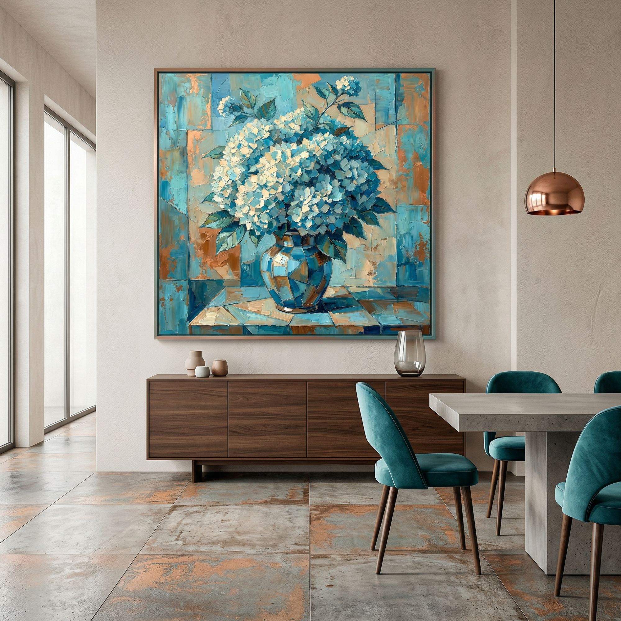 Vintage floral print dining room wall art — blue hydrangea canvas, teal botanical decor, 24x36 poster