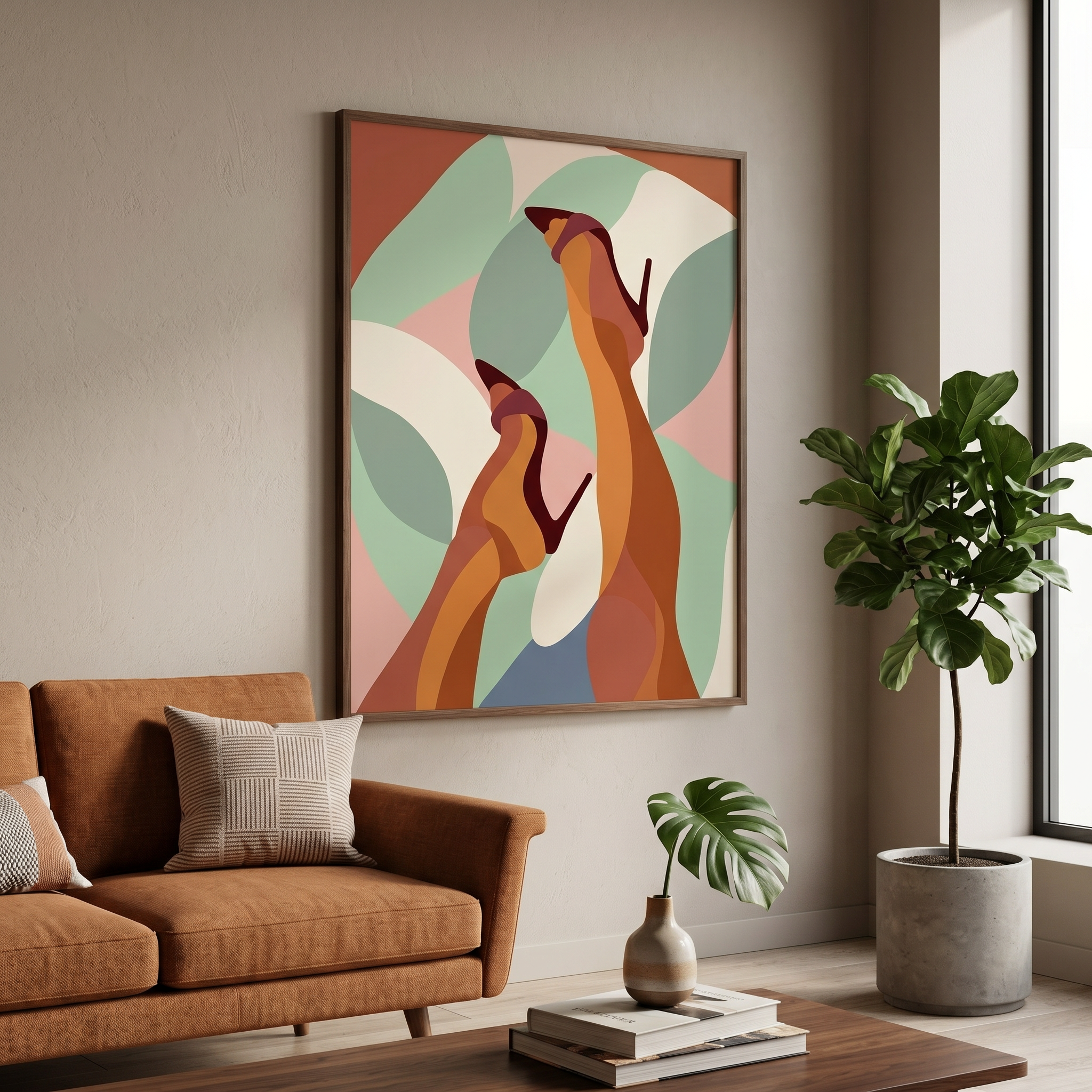 Two legs in deep burgundy heels reaching upward against flowing sage green and terracotta abstract shapes
