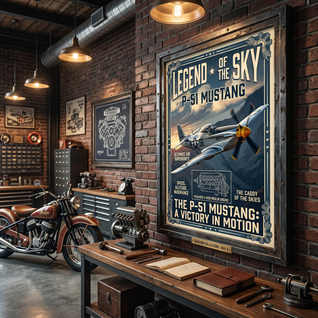 Premium matte art print close-up — archival ink, 250gsm paper, P-51 Mustang aviation poster