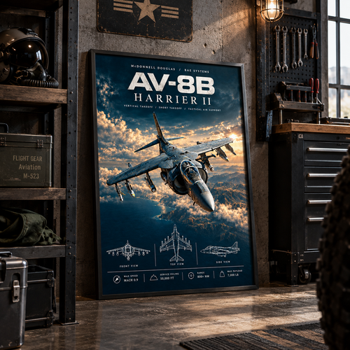 AV 8B Harrier poster showing a Marine Harrier jet banking above golden clouds and coastal mountains at sunset
