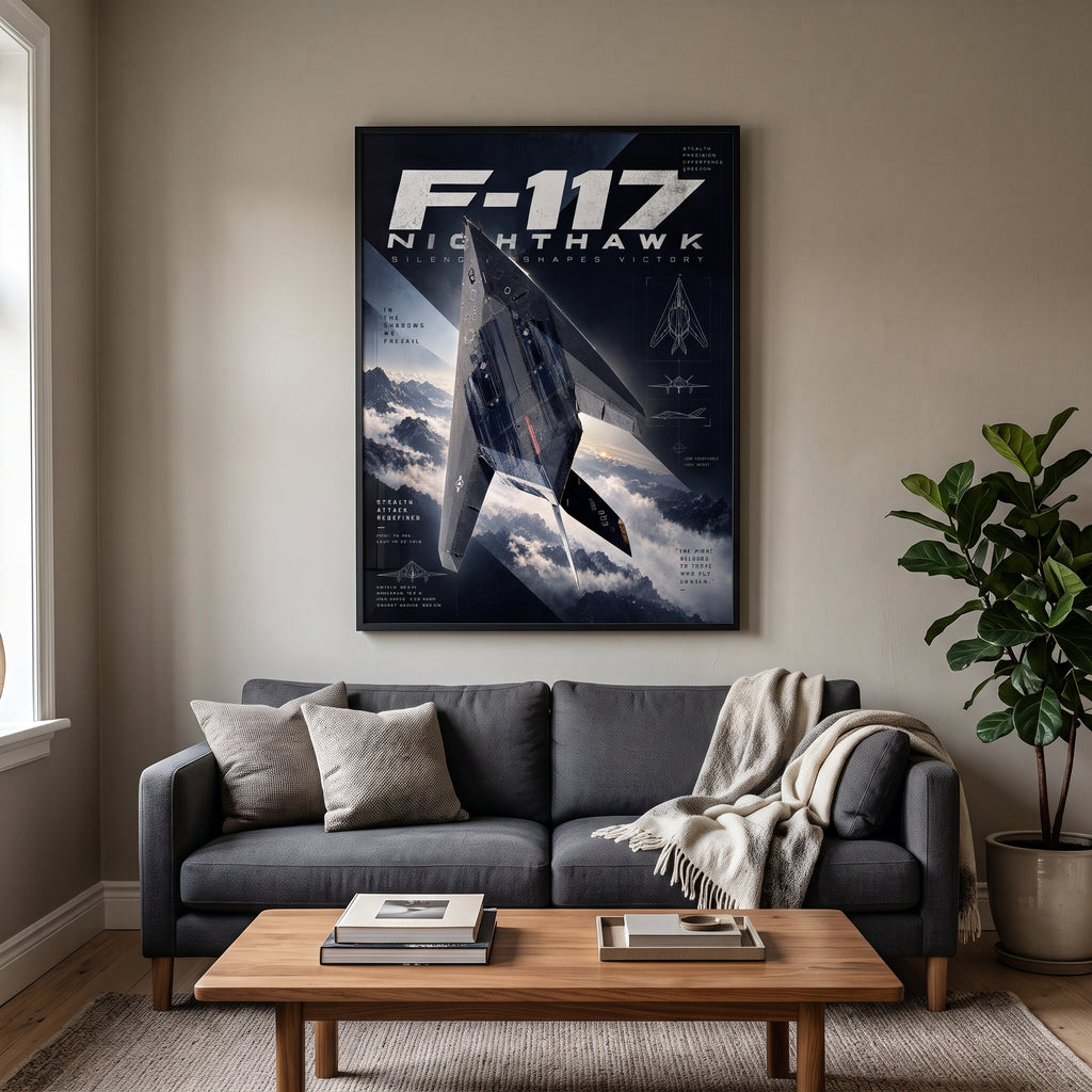 Words “Stealth, precision, deterrence, freedom” set in the upper right corner of the poster