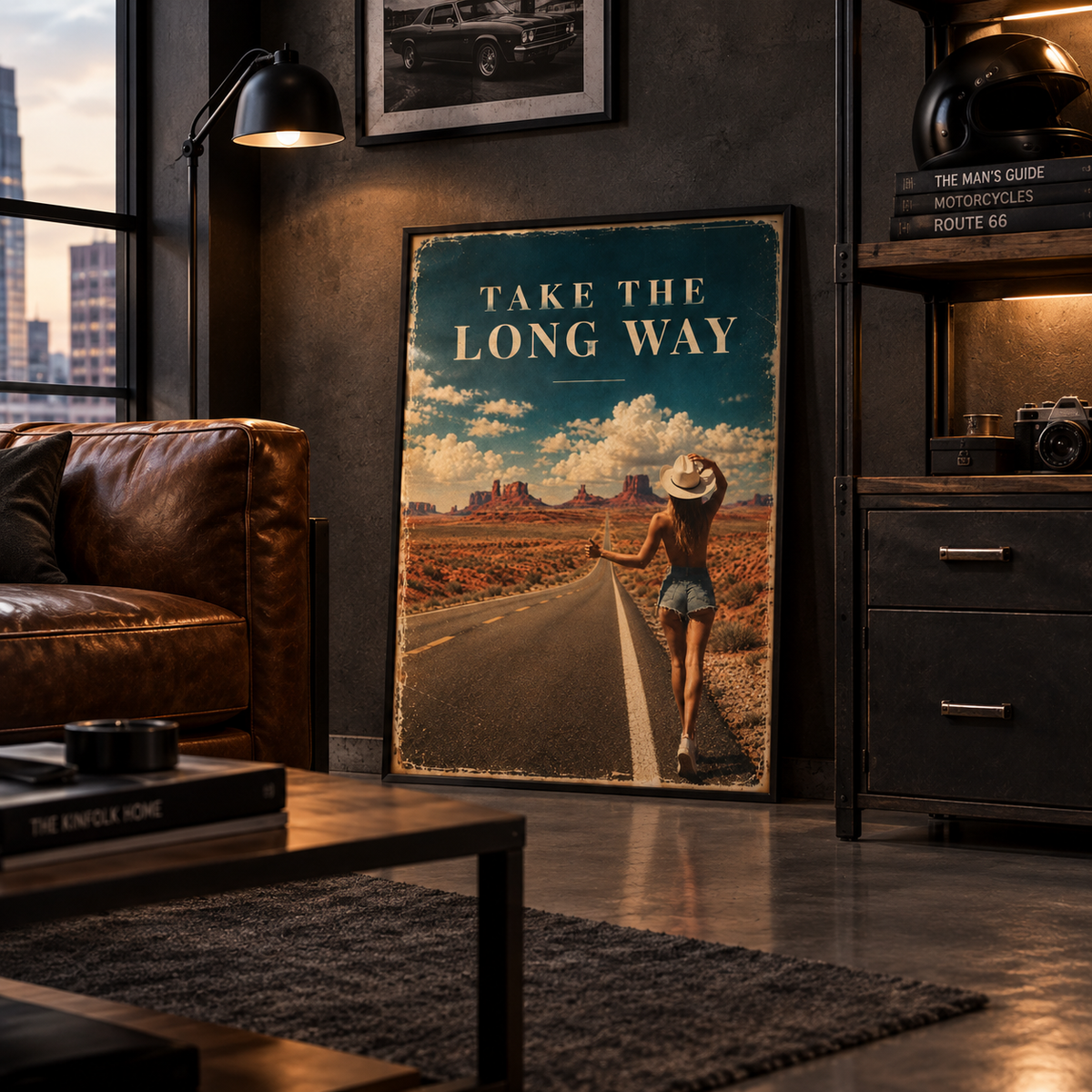 Nostalgic open road illustration in a vintage film look, thumbs-up hitchhiker facing the Utah desert