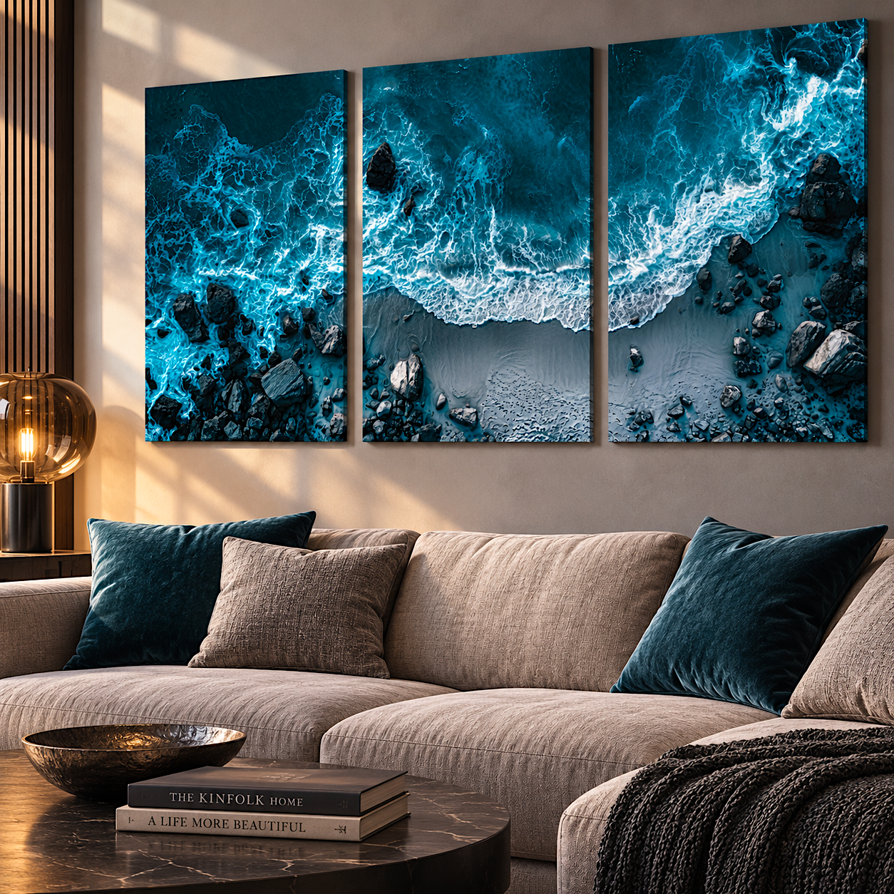 Triptych wall art three-panel set, dark teal wall art aerial seascape