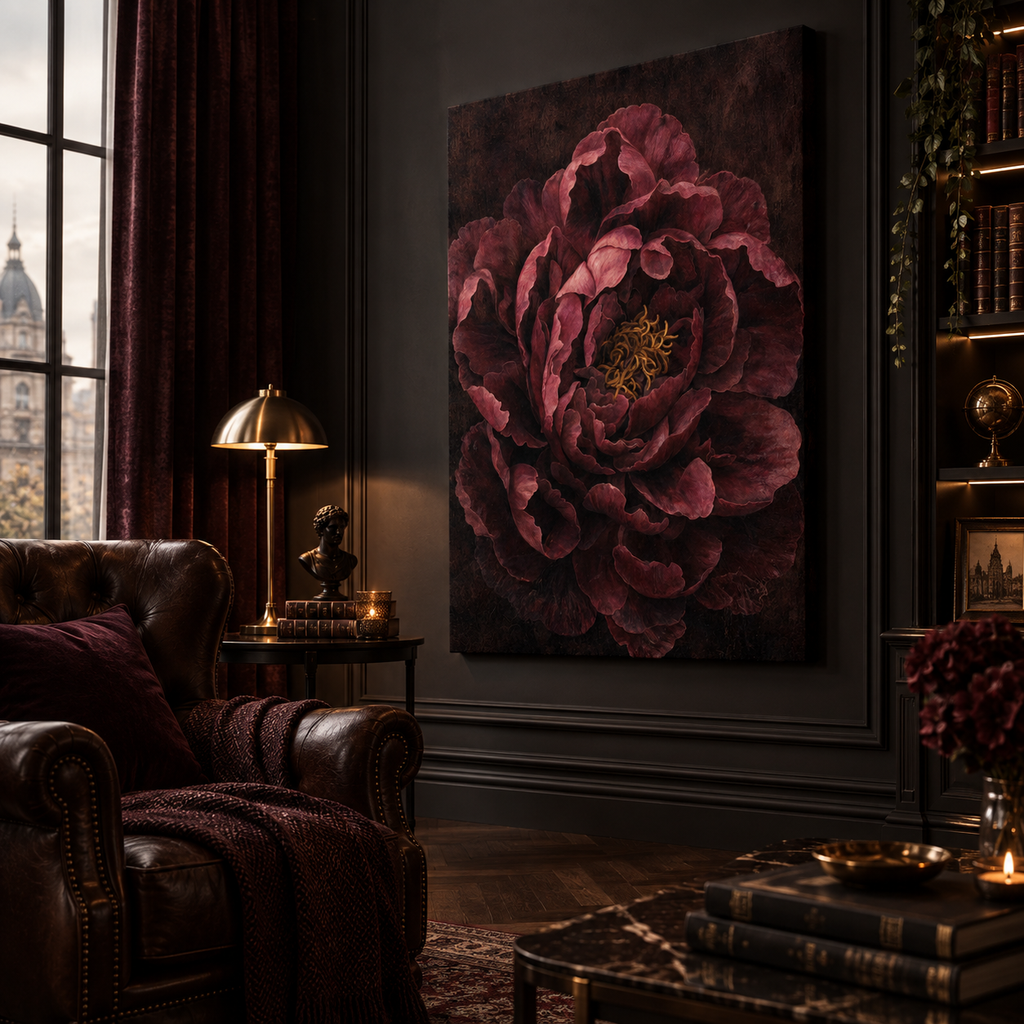 Burgundy peony stretched canvas print displayed on a wall in a romantic bedroom setting.