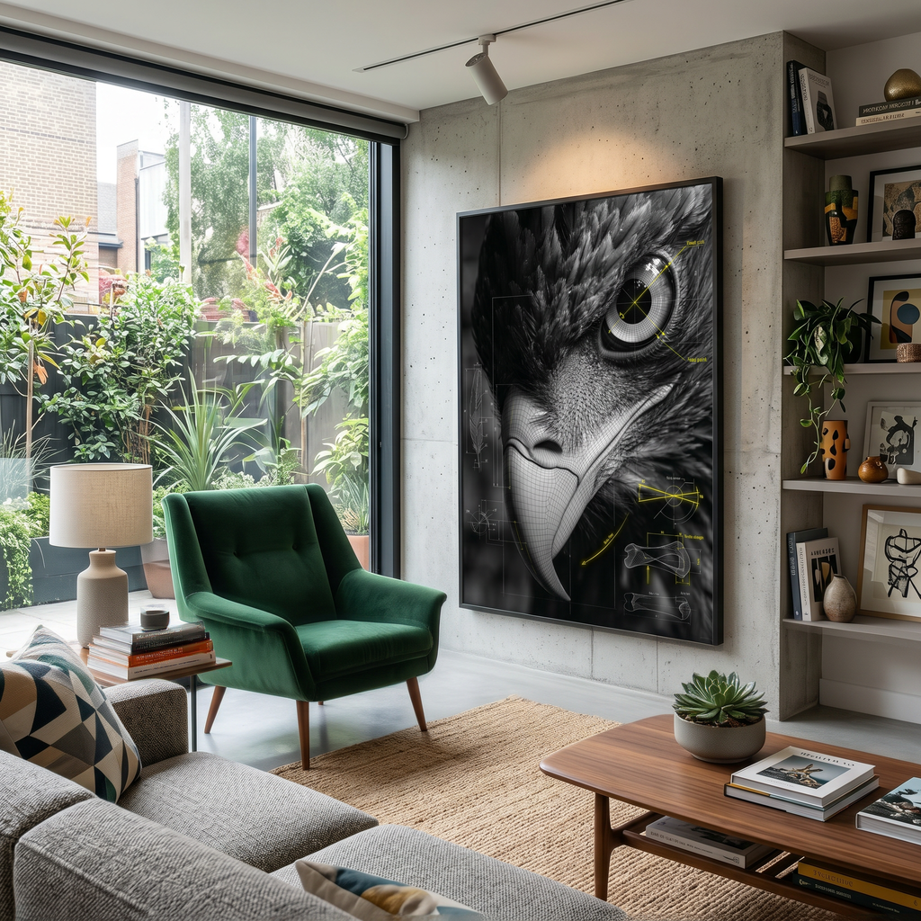An eye that watches back — eagle blueprint wall art for spaces that hold their own energy