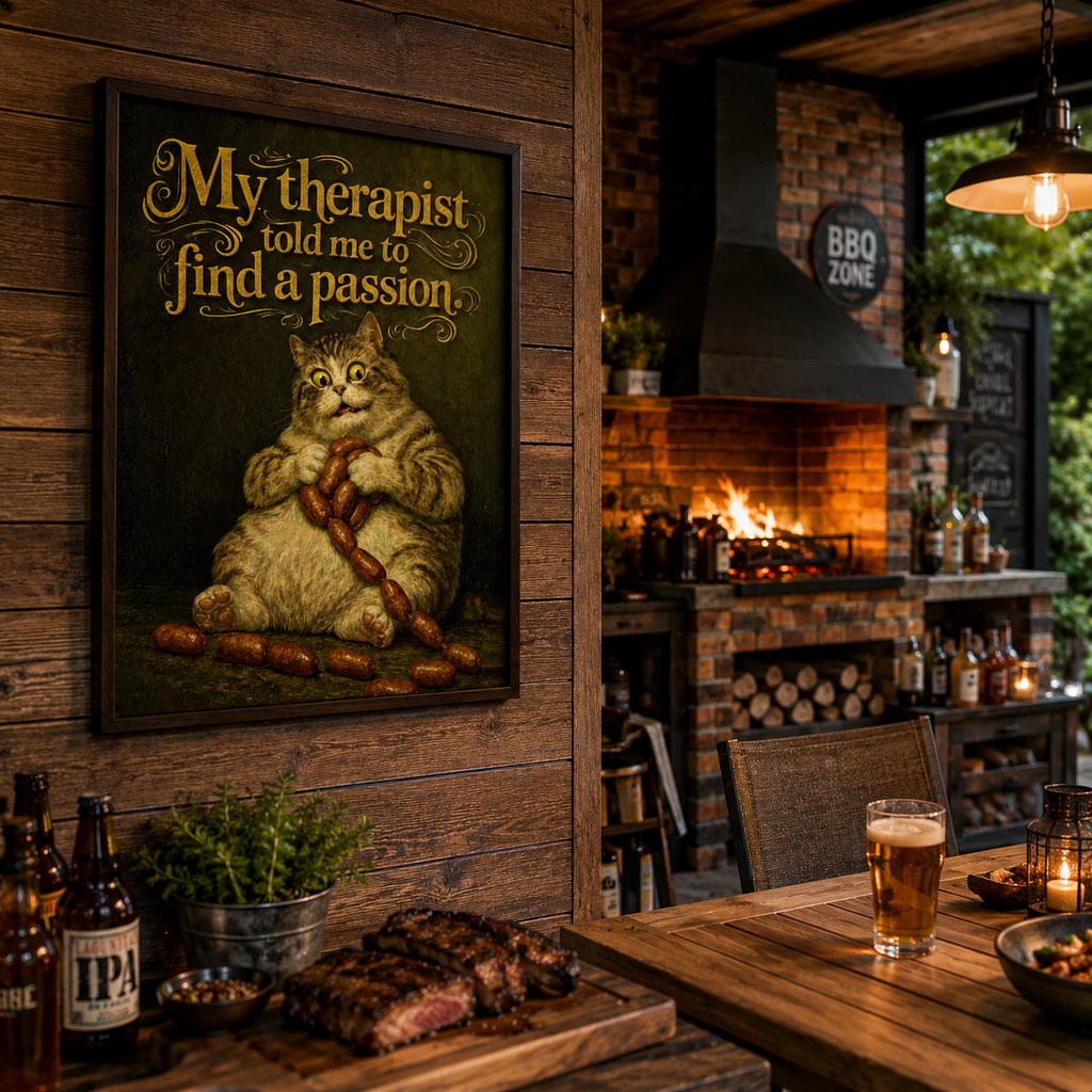 Funny fat cat clutching sausages under gold vintage text, kitchen wall art print