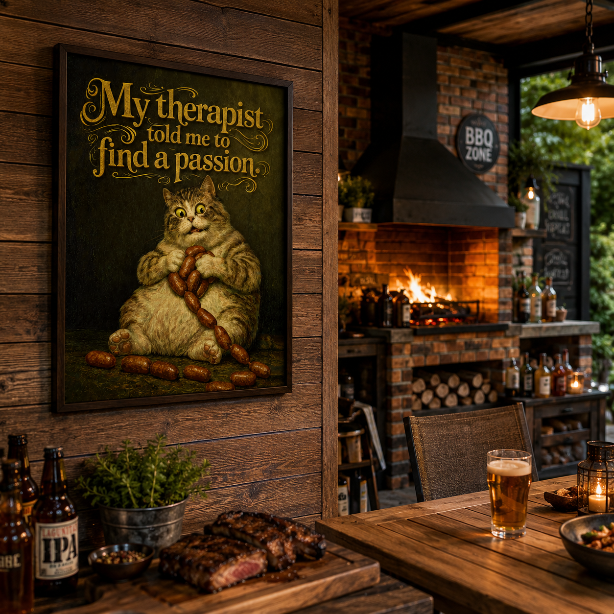 Funny fat cat clutching sausages under gold vintage text, kitchen wall art print
