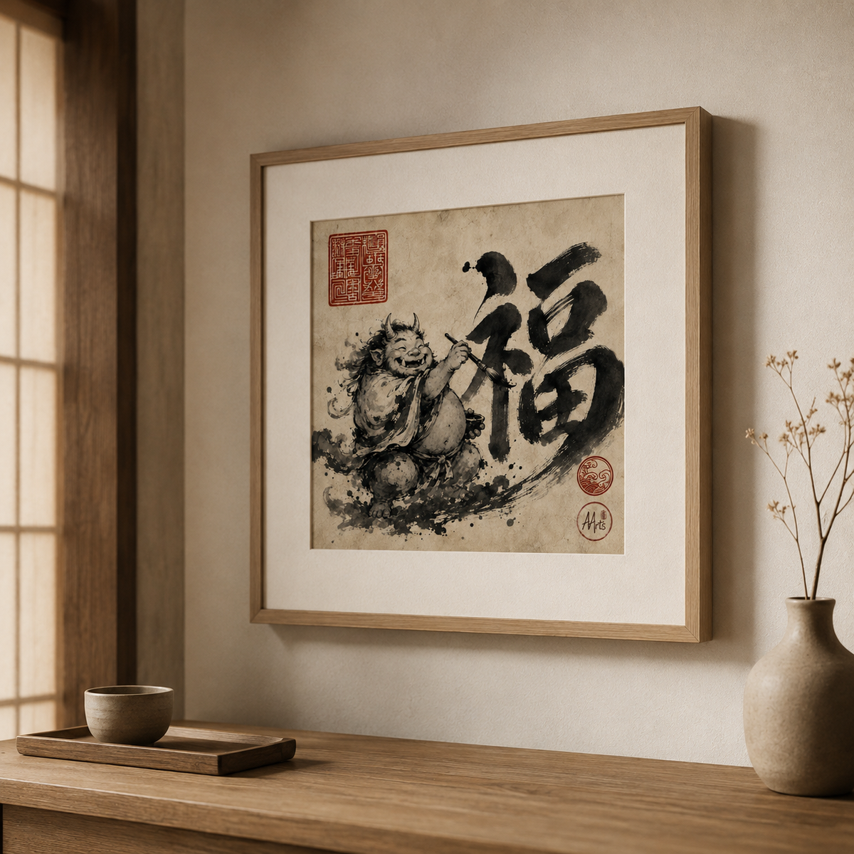 japanese ink wall art print — kanji calligraphy, home office decor