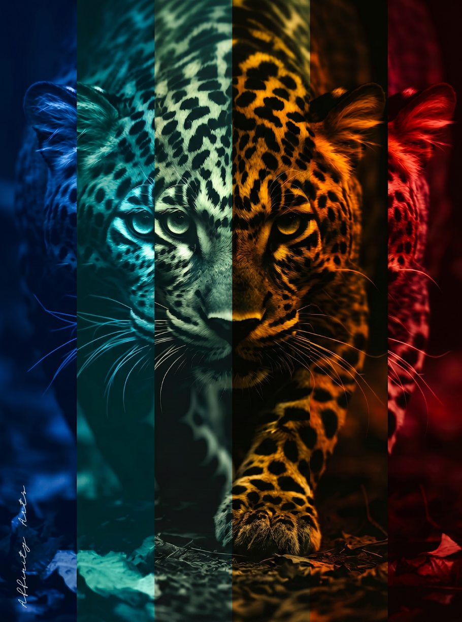 Leopard print wall art — six color bands frame one fierce, unblinking gaze
