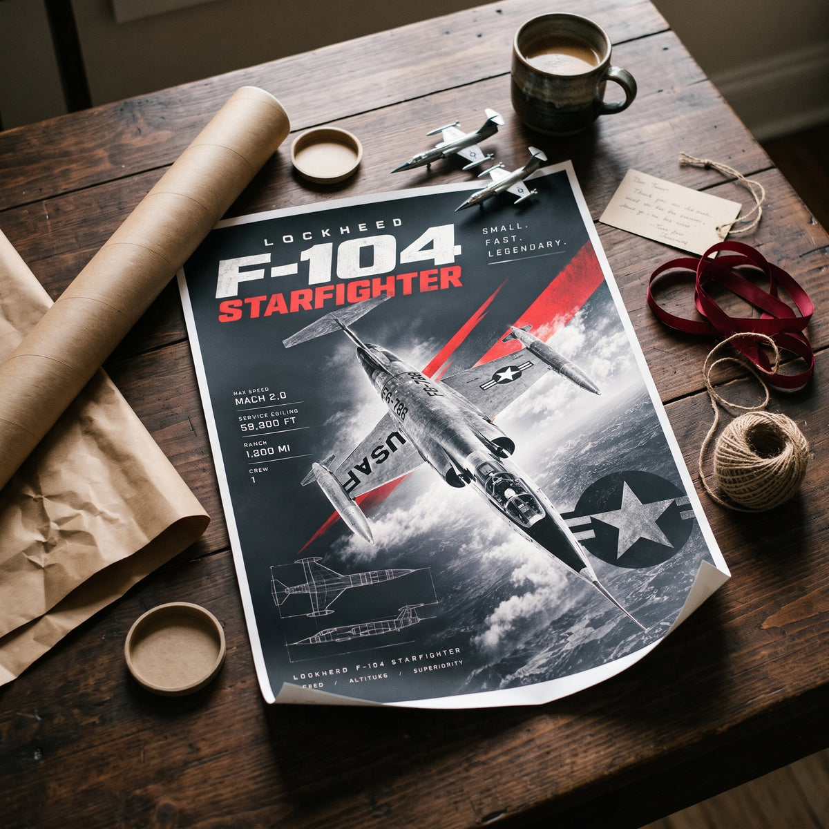 Portrait-format F-104 Starfighter aviation print with title, specs and blueprint layout