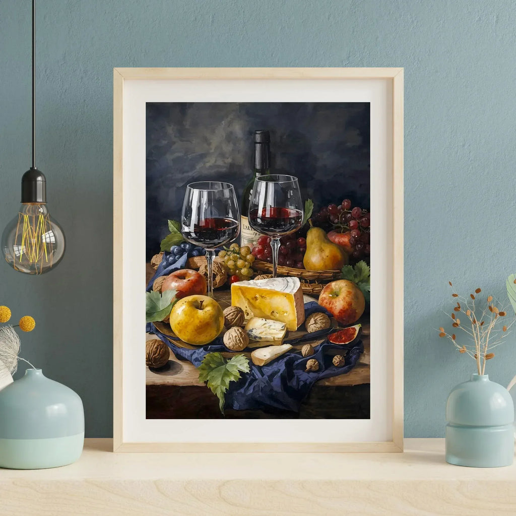 Watercolor Still Life Wine and Cheese Poster Print | Kitchen Dining Wall Art | Digital Download - AffinityArts 