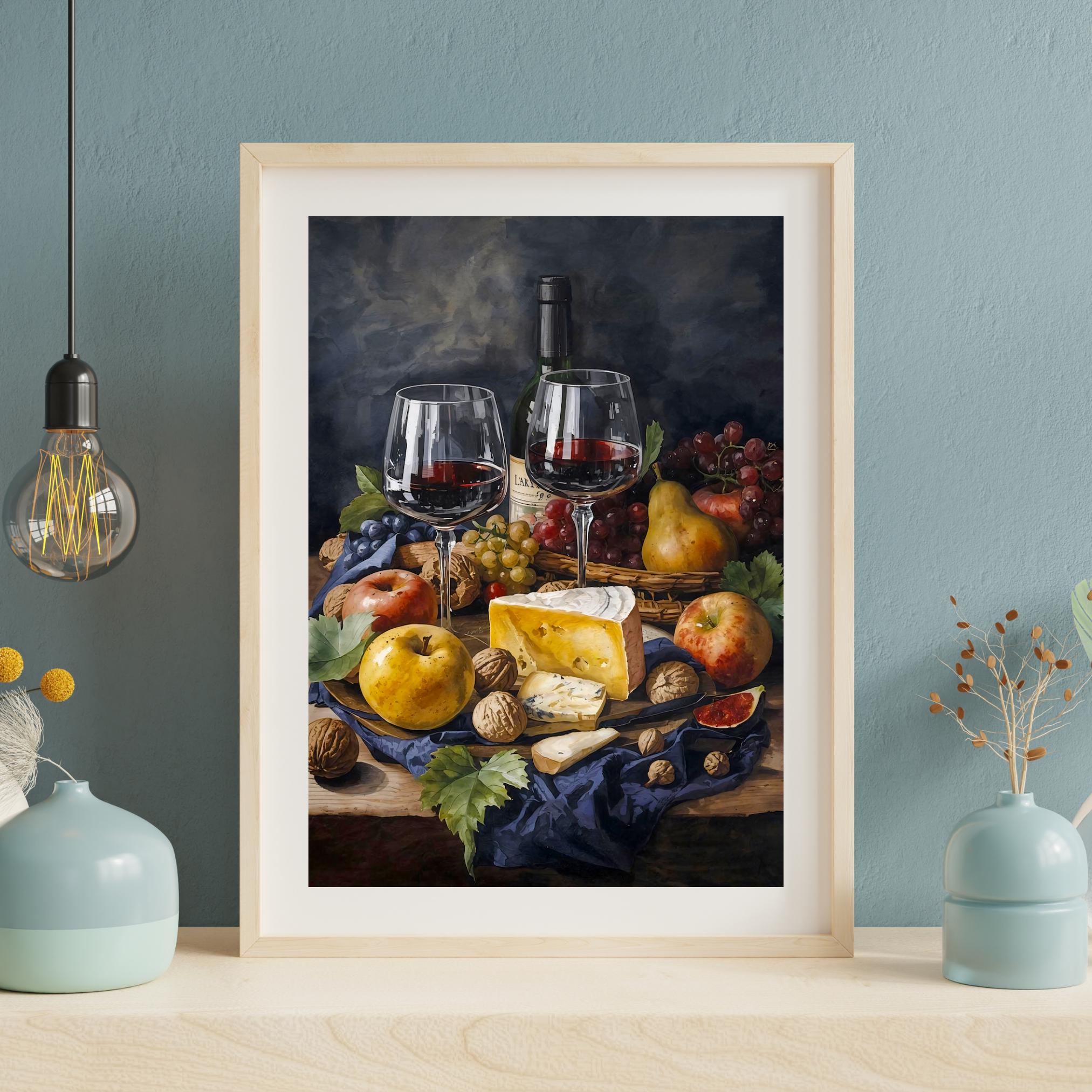 Elegant wine and cheese still life with two glasses of red wine, premium cheeses, fresh apples, pear, grapes, fig, and walnuts