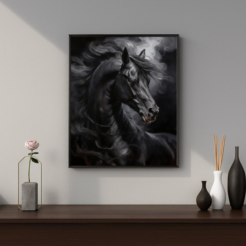 Dramatic equine portrait: black horse with expressive eyes and windswept hair in chiaroscuro lighting
