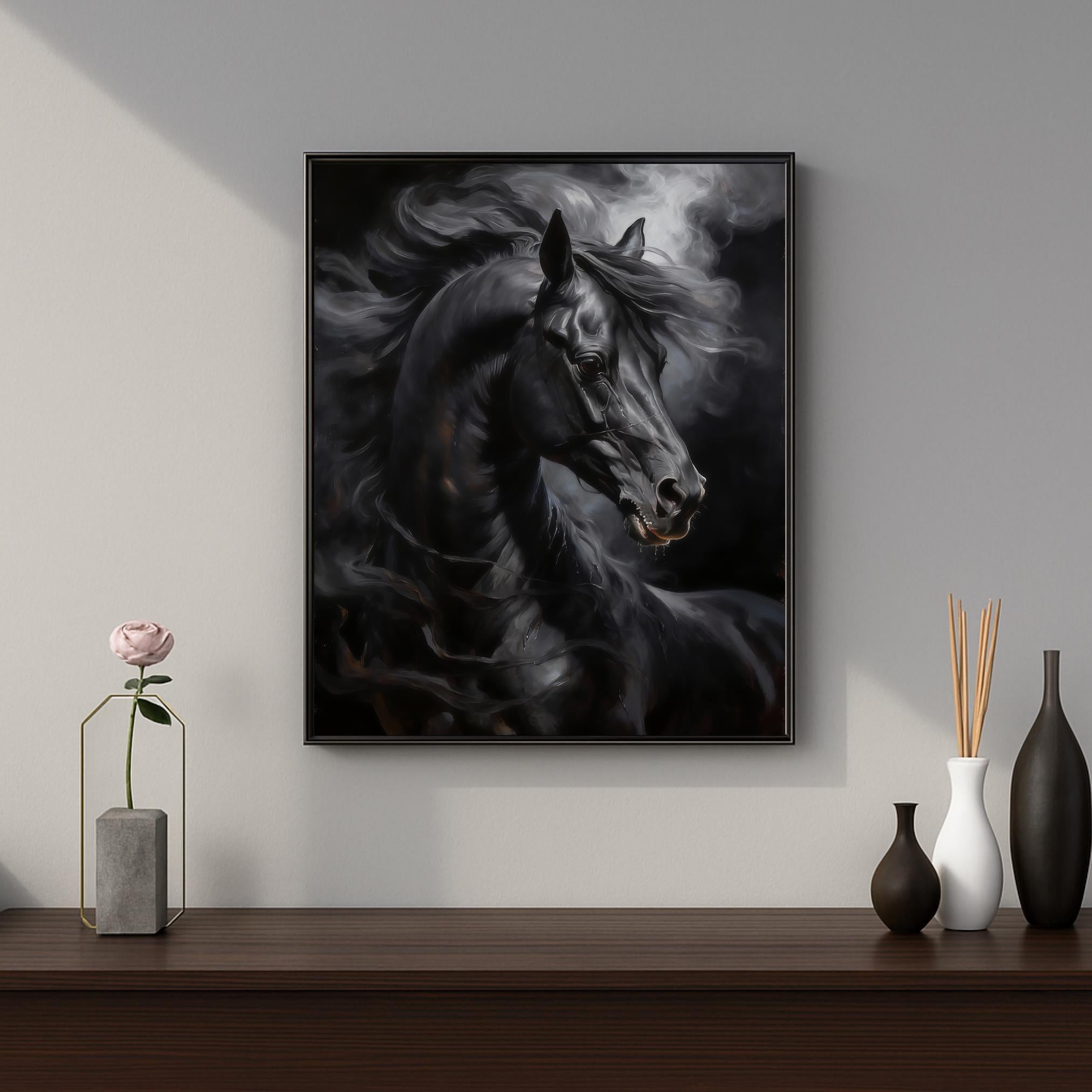 Dramatic equine portrait: black horse with expressive eyes and windswept hair in chiaroscuro lighting
