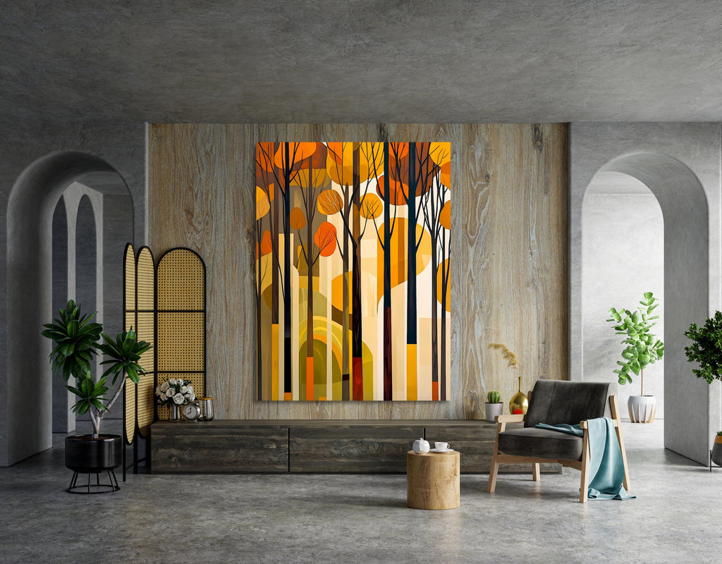 Minimalist fall forest artwork with geometric hills and warm autumn colors.
