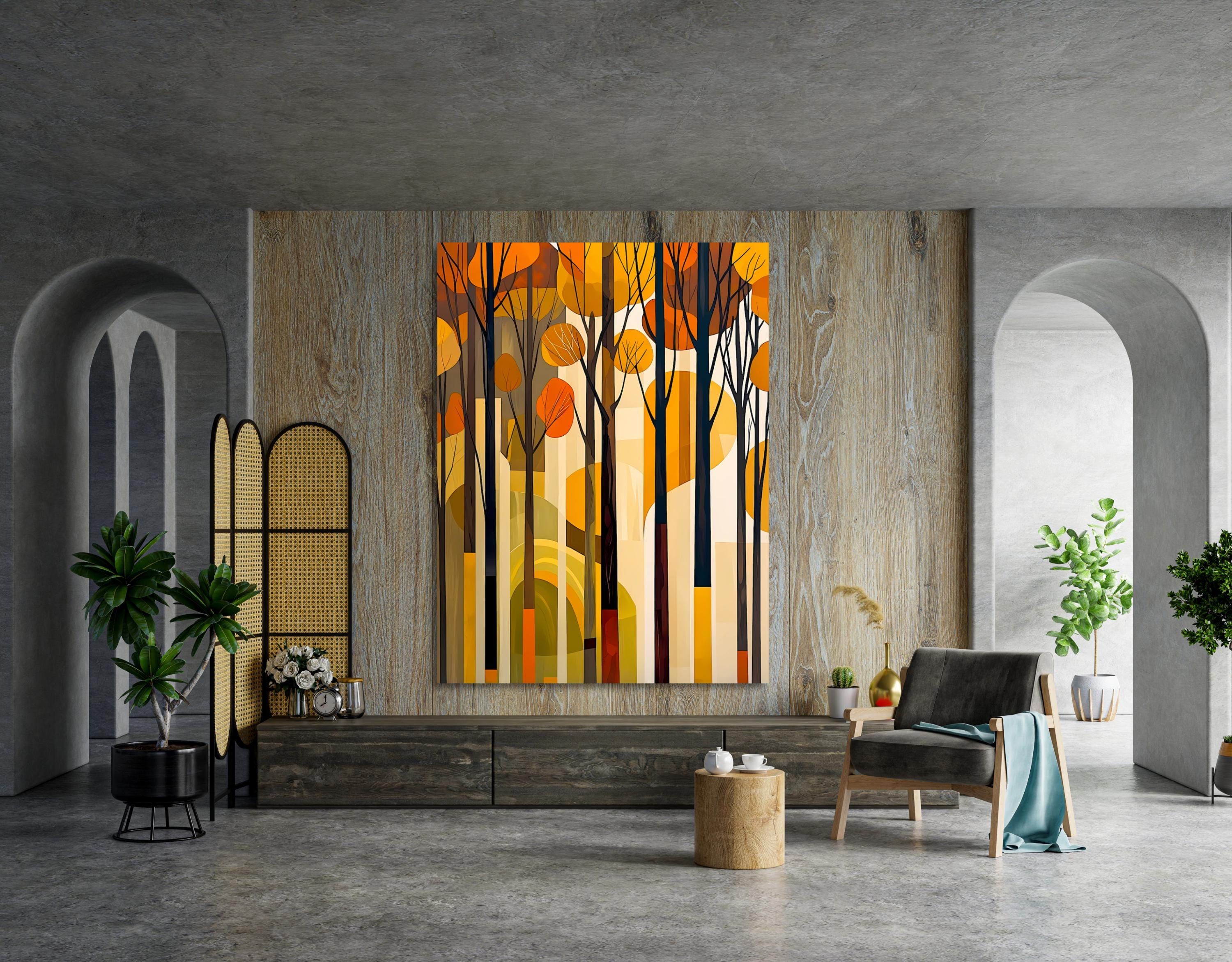 Minimalist fall forest artwork with geometric hills and warm autumn colors.