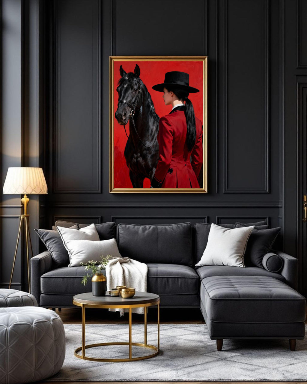 Traditional Spanish riding style: woman in a flat-topped hat and red tailcoat with a majestic black horse.
