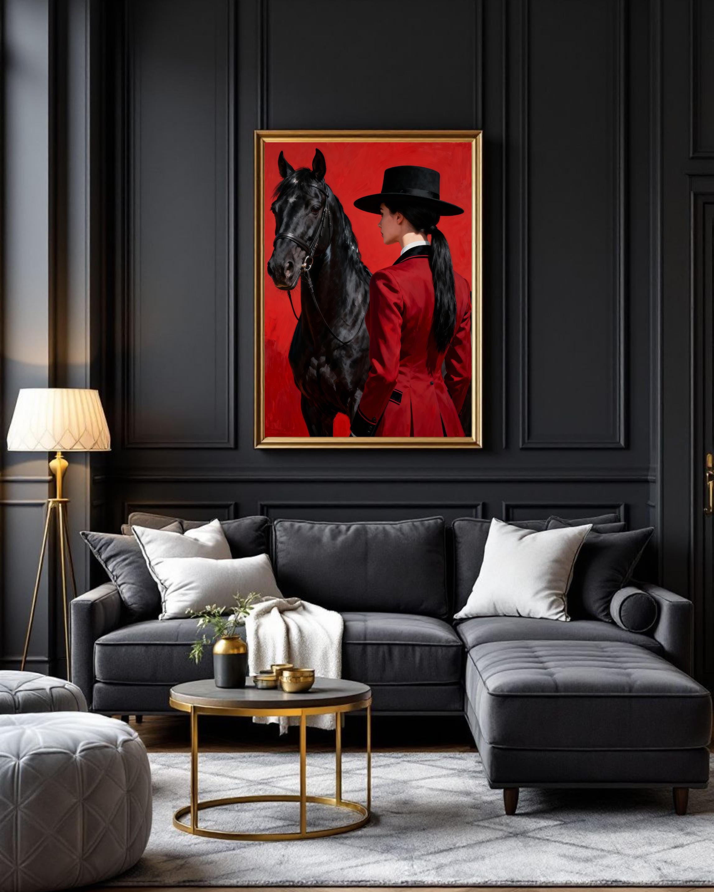 Traditional Spanish riding style: woman in a flat-topped hat and red tailcoat with a majestic black horse.
