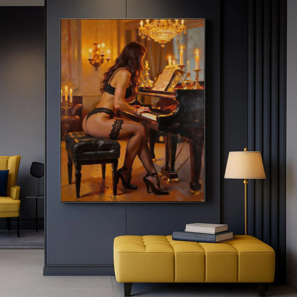 Woman Playing Piano Art Poster, Golden Candlelight Interior Wall Art Print, Premium Paper, Multiple Sizes - AffinityArts 
