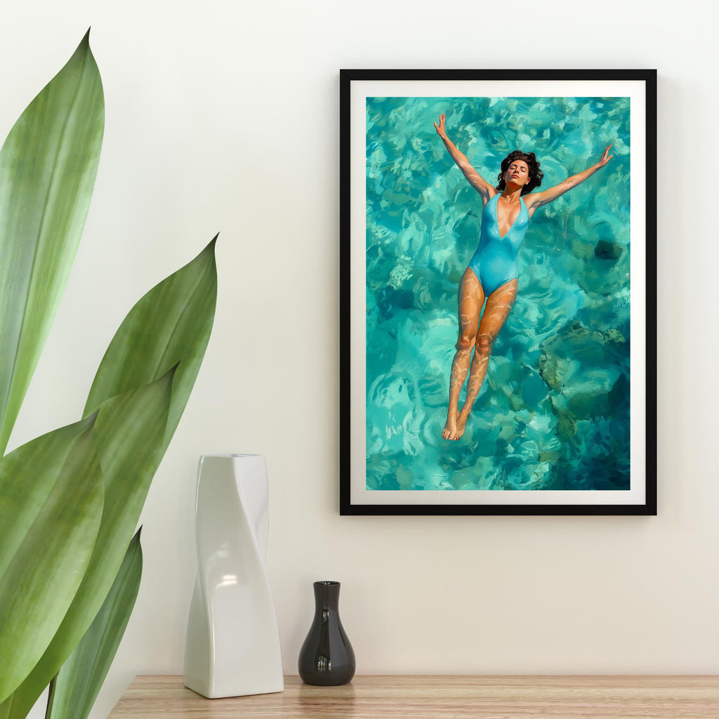 Dreamy woman with brunette curls, suspended in clear blue water, one-piece attire, peaceful pose with extended limbs.