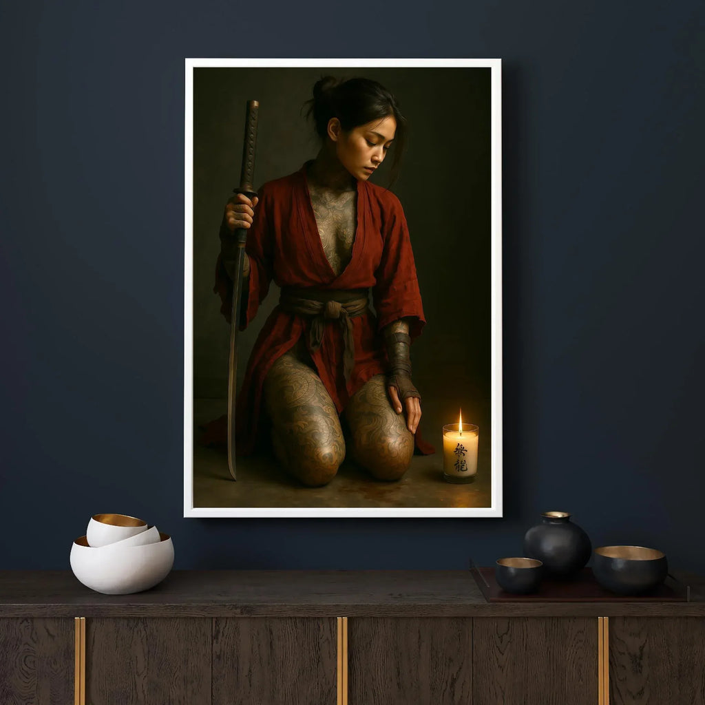 Red Kimono Warrior Poster, Tattooed Female Samurai Wall Art, Premium Paper Print or Digital Download, Multiple Sizes - AffinityArts 