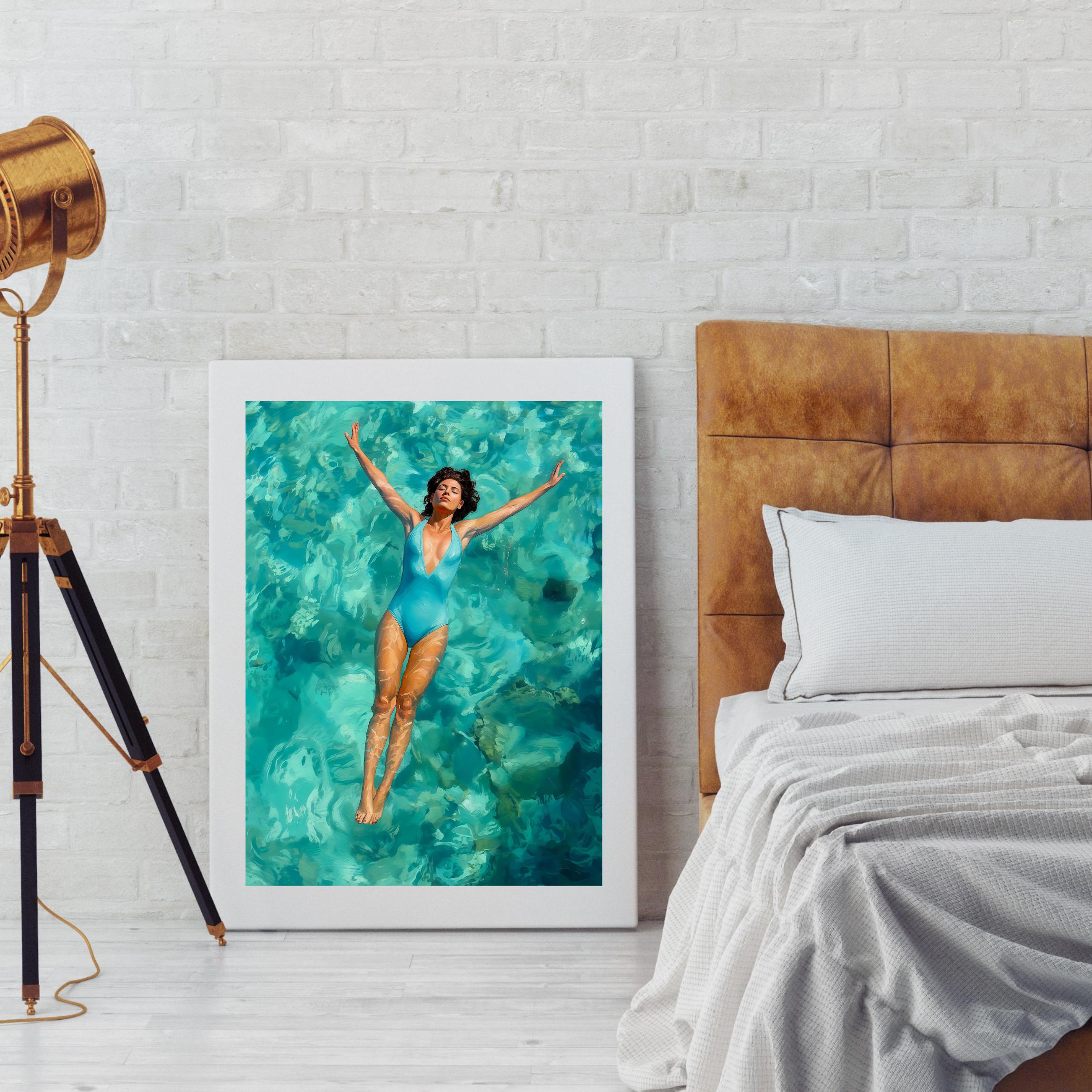 Blissful floater in azure pool, curly-haired beauty in form-fitting swimsuit, arms and legs relaxed above water.