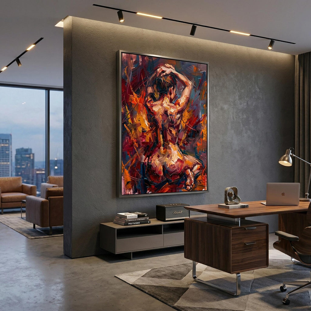 Collection of abstract expressionist figure prints as gallery wall, moody emotional body art in coordinated deep-tone arrangement