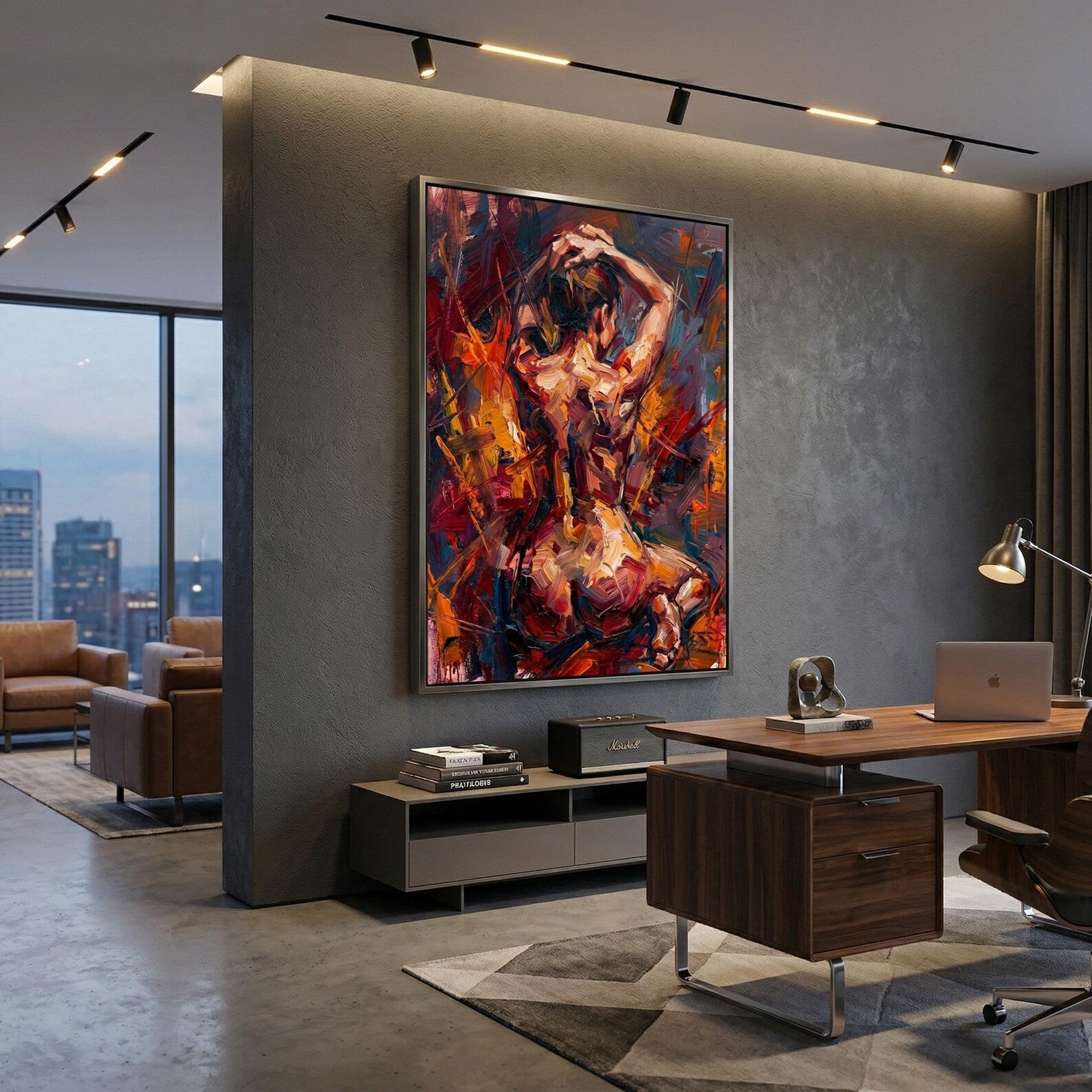 Collection of abstract expressionist figure prints as gallery wall, moody emotional body art in coordinated deep-tone arrangement