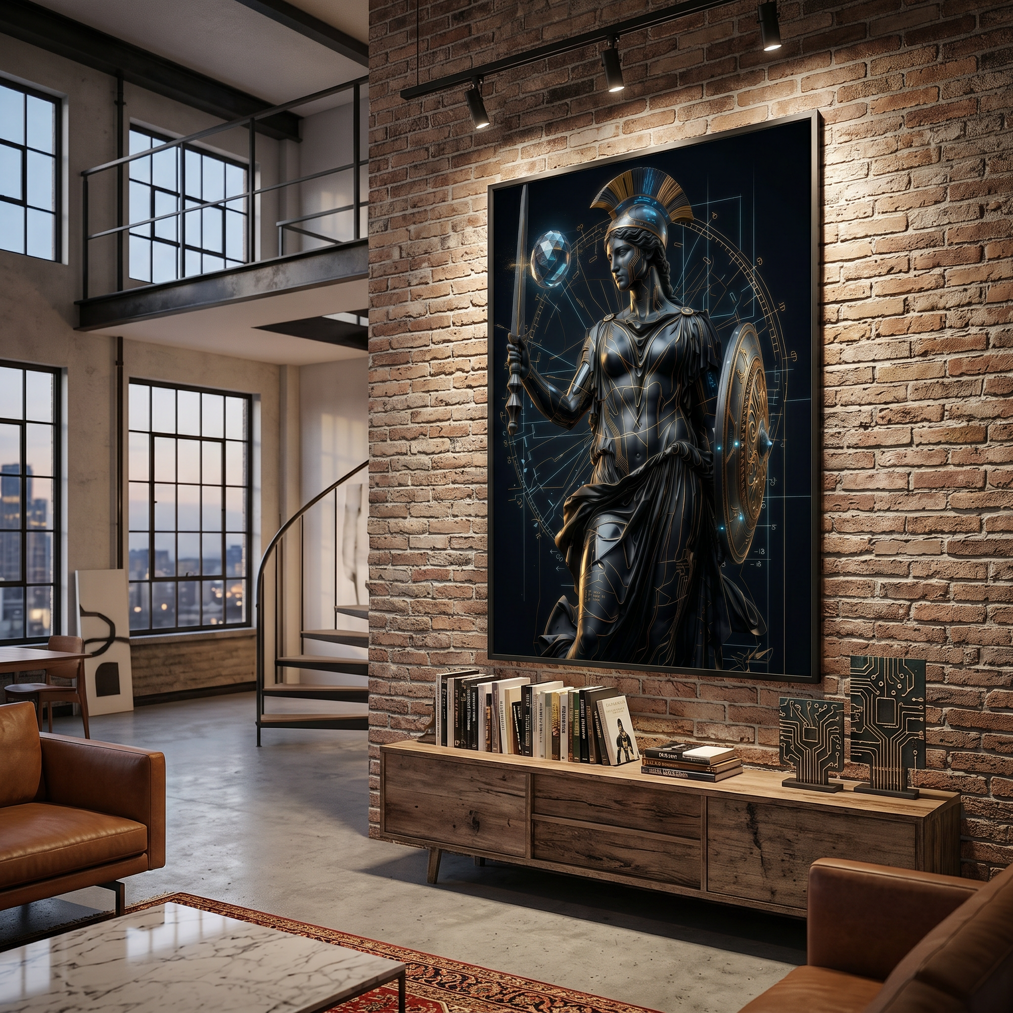 athena wall art cyberpunk greek goddess poster with metallic gold details in modern office