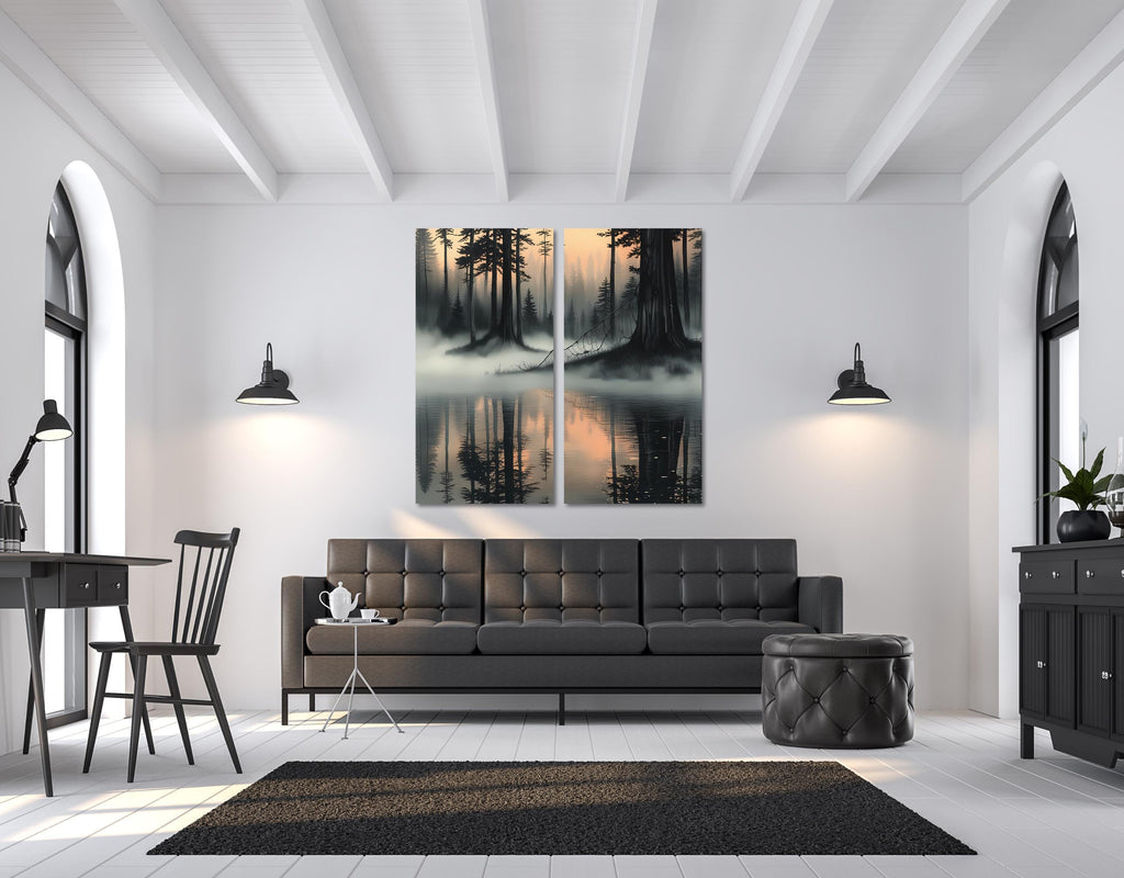 Canvas Wall Art Set – Misty Forest Lake Diptych Print, Foggy Pine Tree Landscape Posters AffinityArts