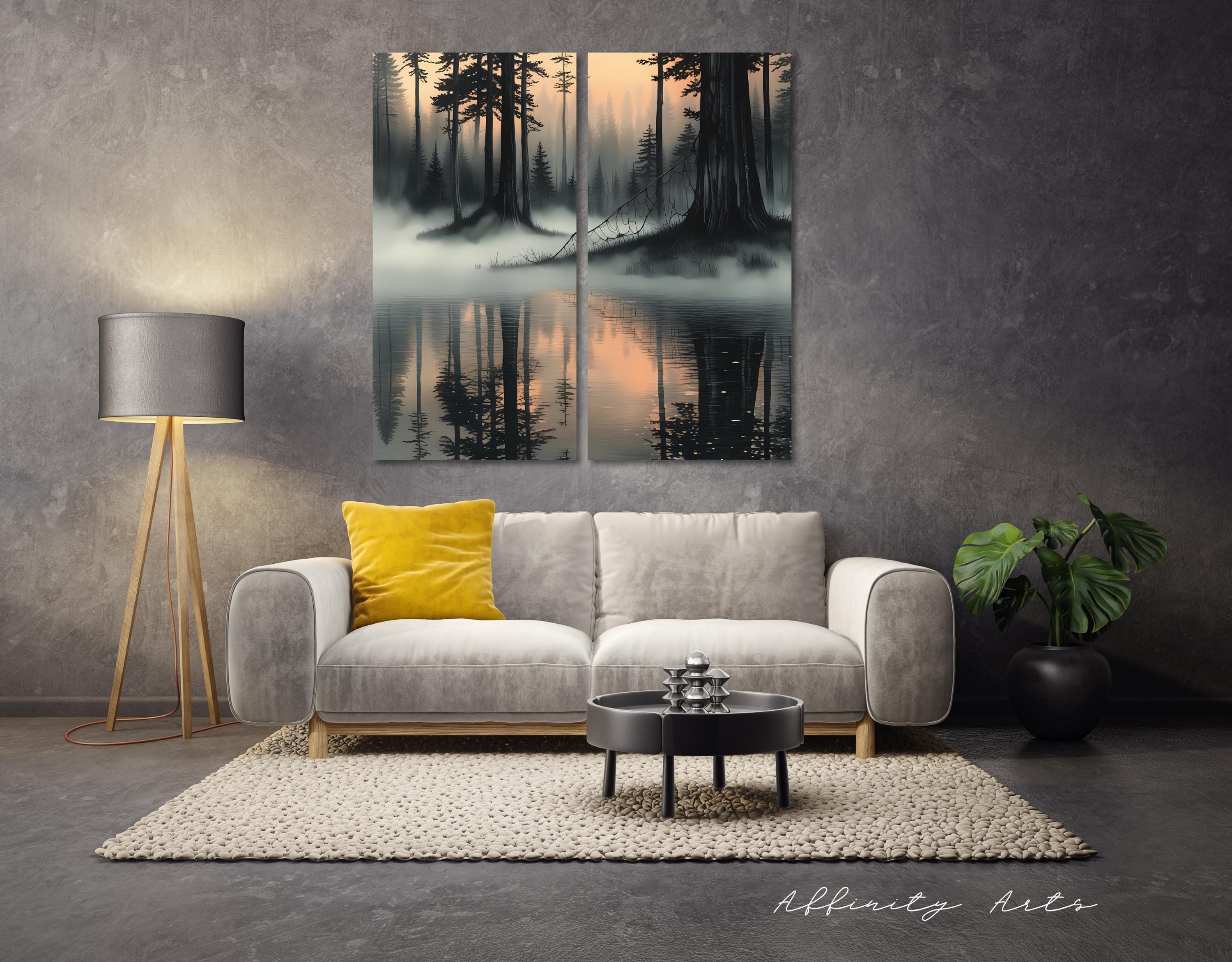 Canvas Wall Art Set – Misty Forest Lake Diptych Print, Foggy Pine Tree Landscape Posters AffinityArts