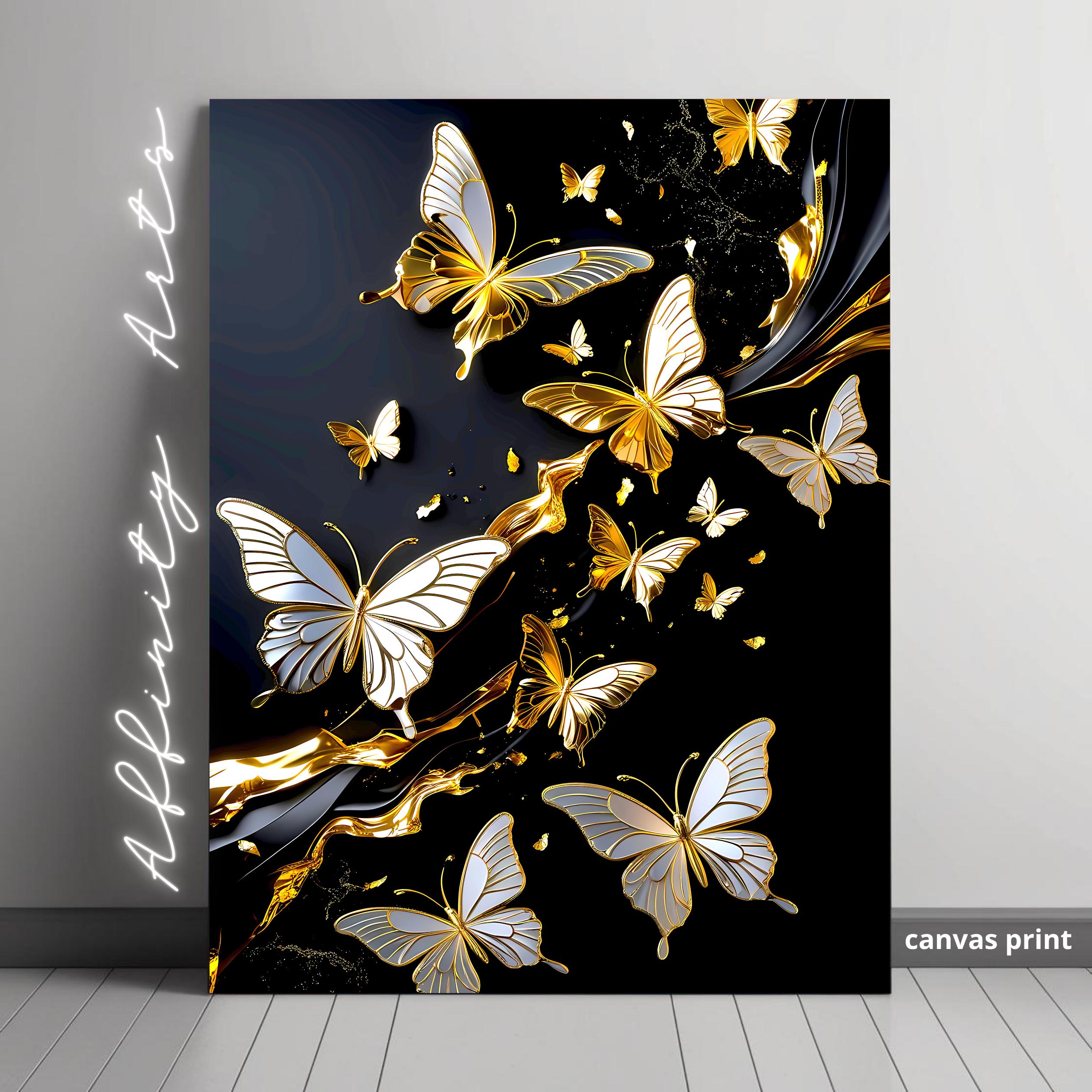 Elegant 3D butterflies in gold and silver tones with flowing golden streams against black.