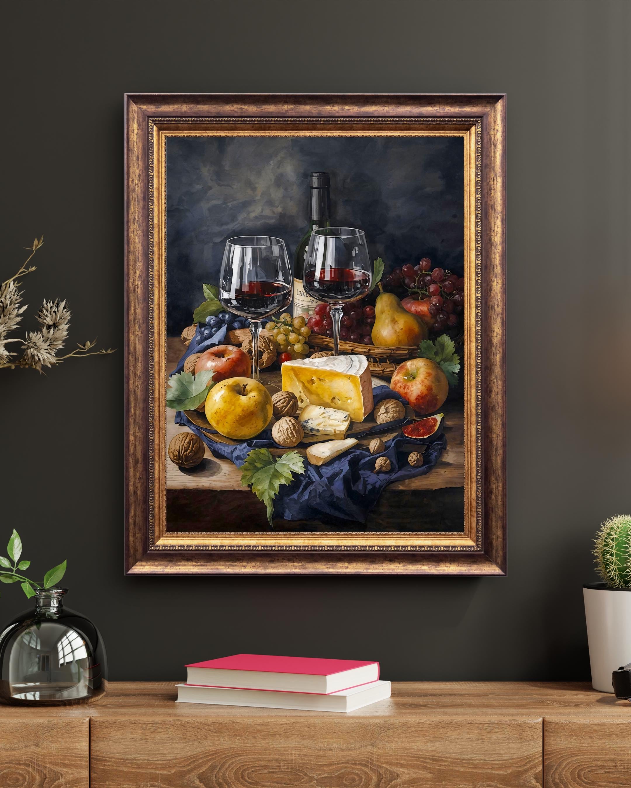 Classical still life artwork featuring two glasses of red wine, a wine bottle, various cheeses, fresh fruits, and walnuts arranged on a wooden table draped with blue fabric.
