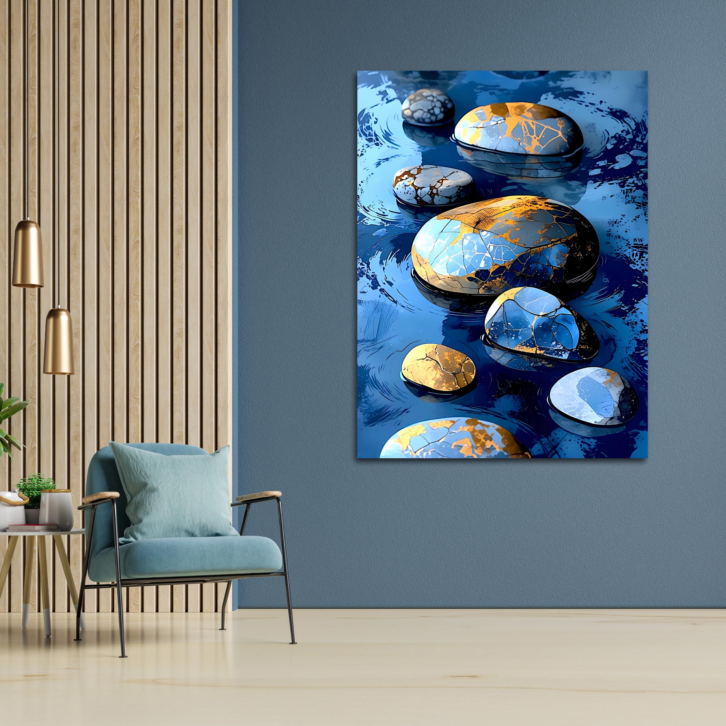 Close-up of smooth oval stones in shades of blue and white with intricate gold kintsugi repairs, creating gentle ripples in vibrant blue water