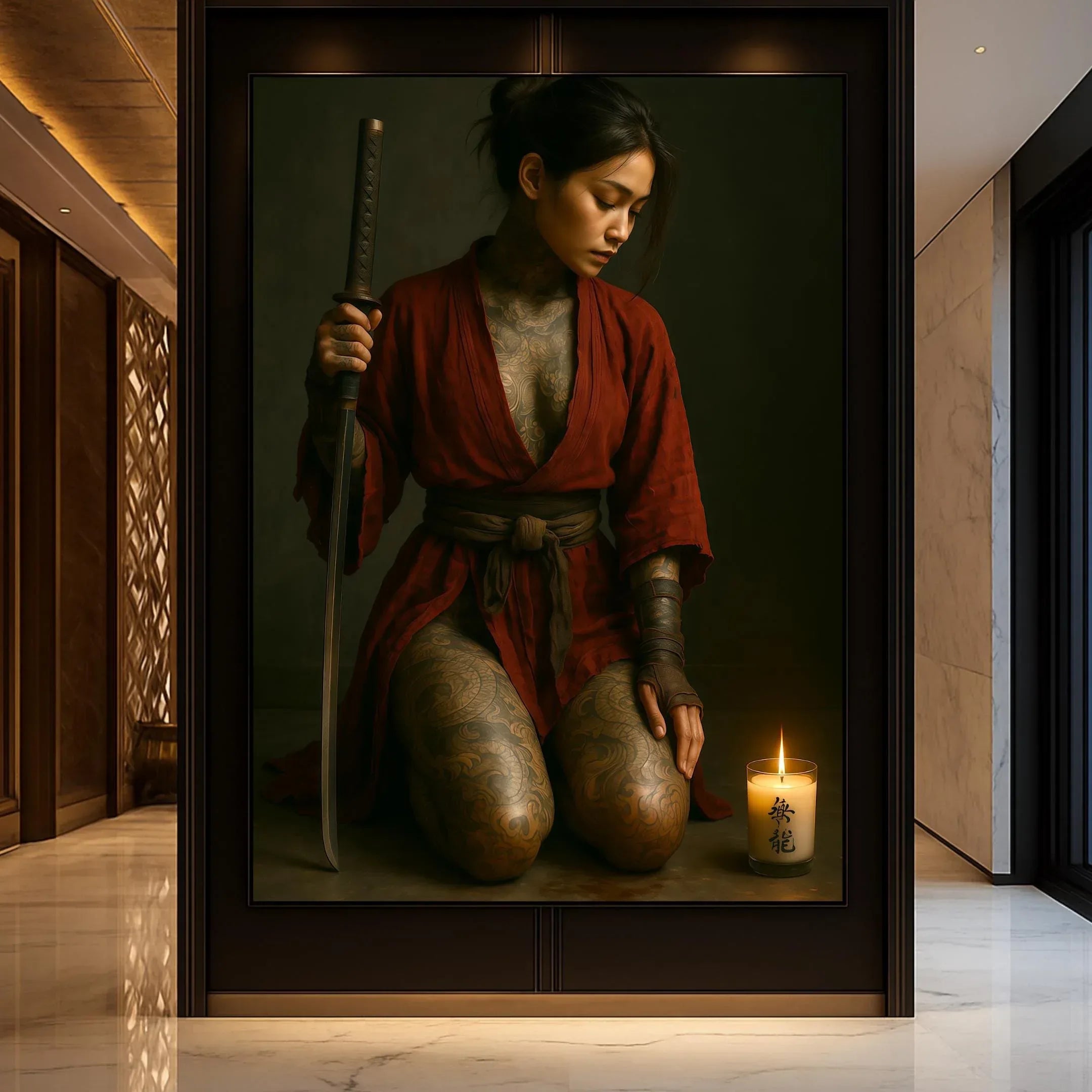 Red Kimono Warrior Poster, Tattooed Female Samurai Wall Art, Premium Paper Print or Digital Download, Multiple Sizes - AffinityArts 