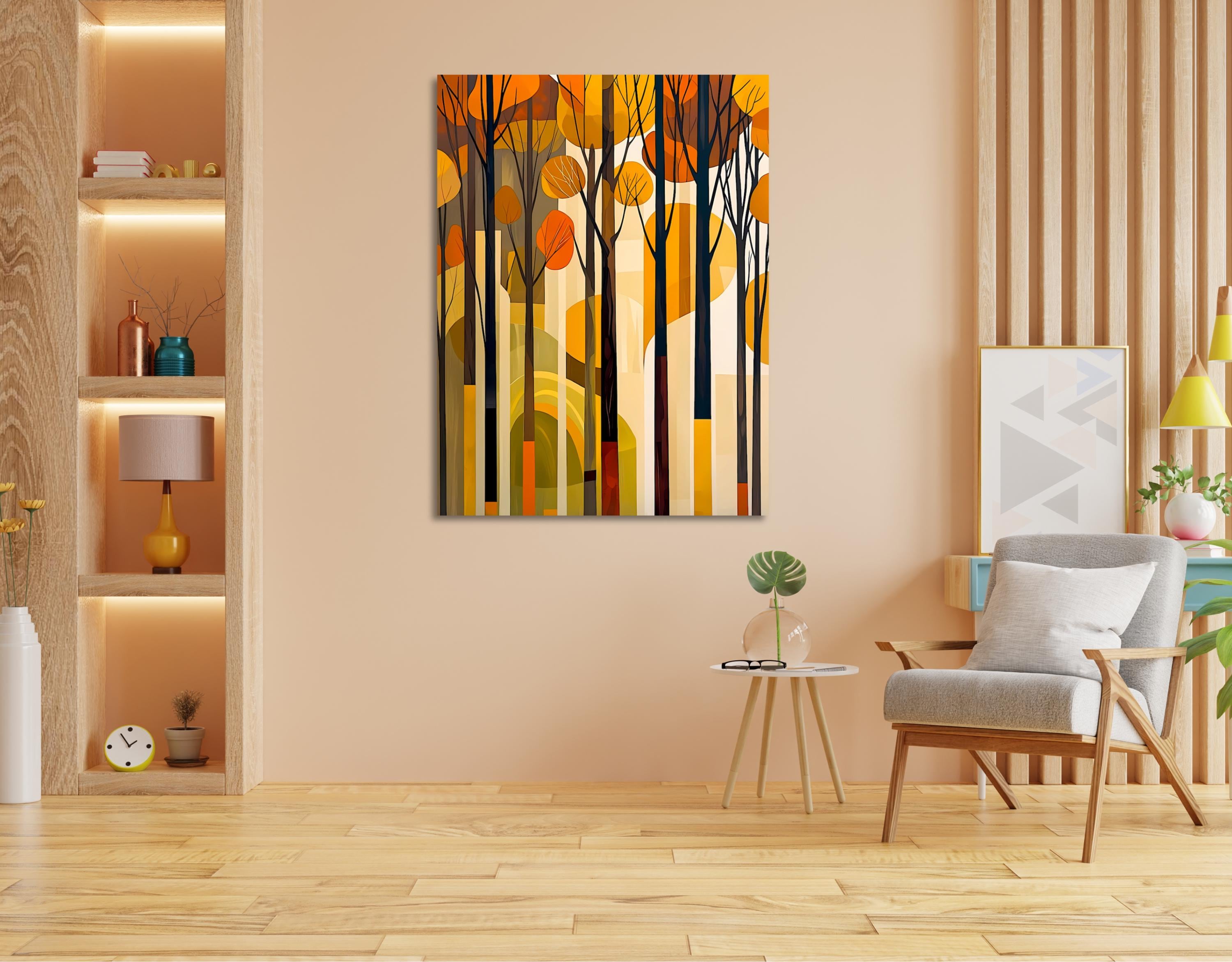 Contemporary abstract landscape featuring tall dark tree silhouettes and orange leaves.