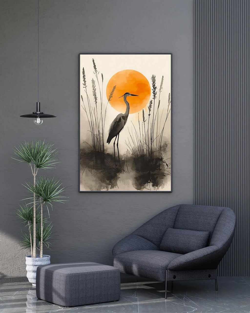 Watercolor Heron Art Print: Japanese Style Sunrise Poster - AffinityArts 